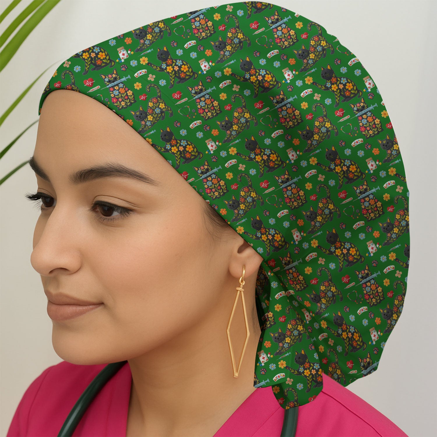Floral Black Cat Pattern Scrub Cap, Cute Cat Nurse Scrub Hat, Medical Nursing Uniform