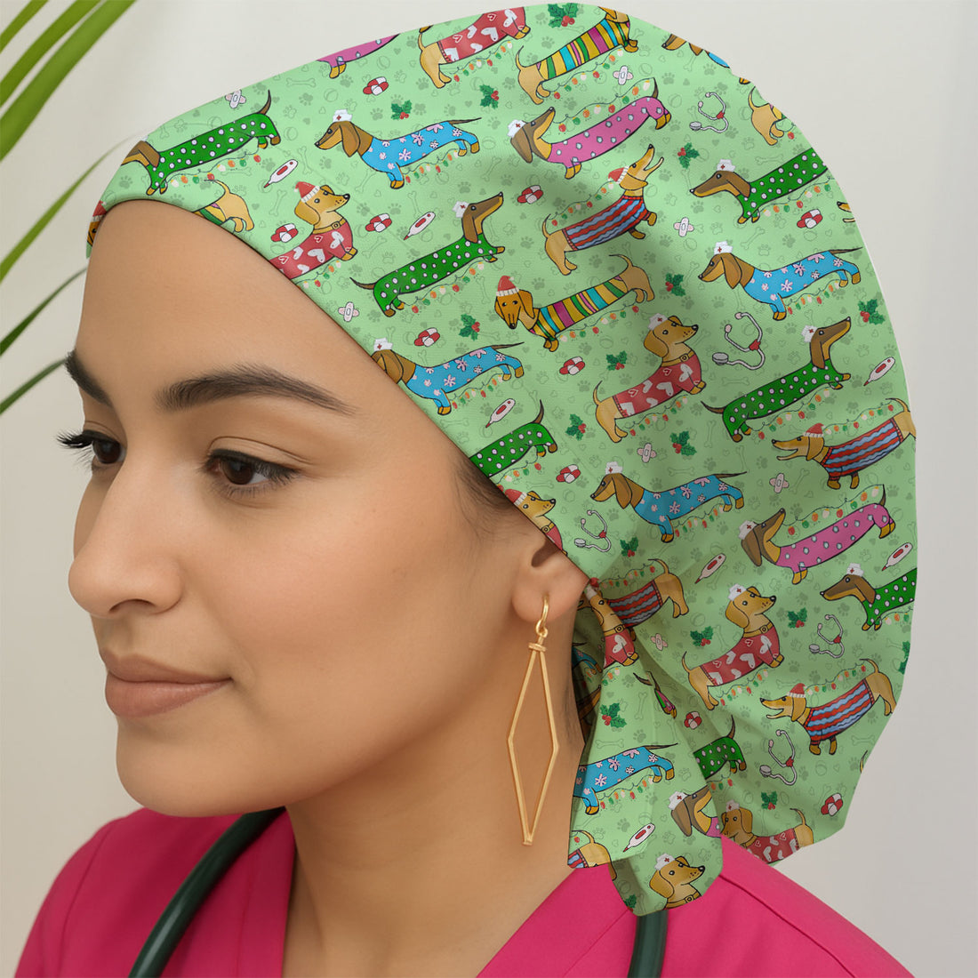 Funny Dachshund Bouffant Scrub Caps for Women - Cute Wiener Dog Holiday Nursing Gift - Puppy Lover Gift
