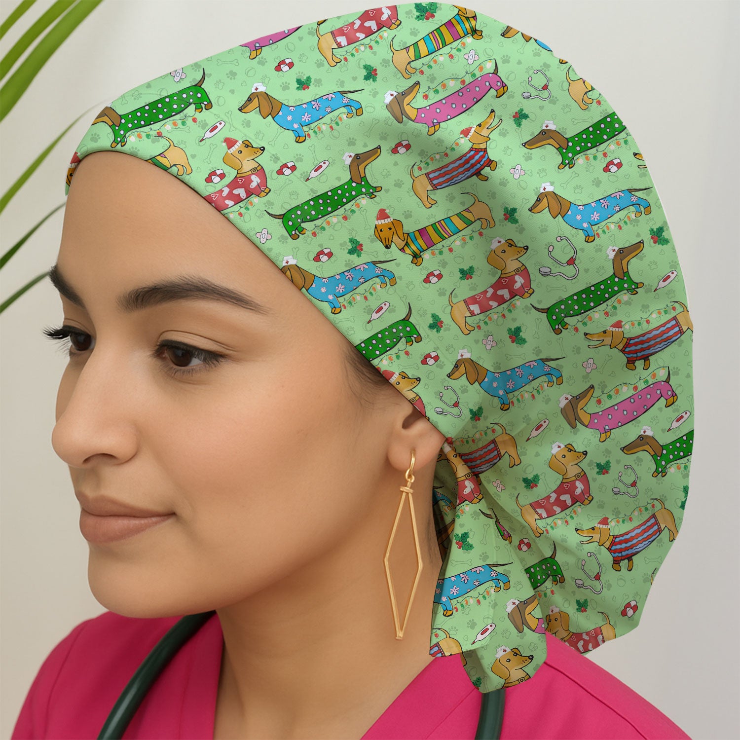 Funny Dachshund Bouffant Scrub Caps for Women - Cute Wiener Dog Holiday Nursing Gift - Puppy Lover Gift