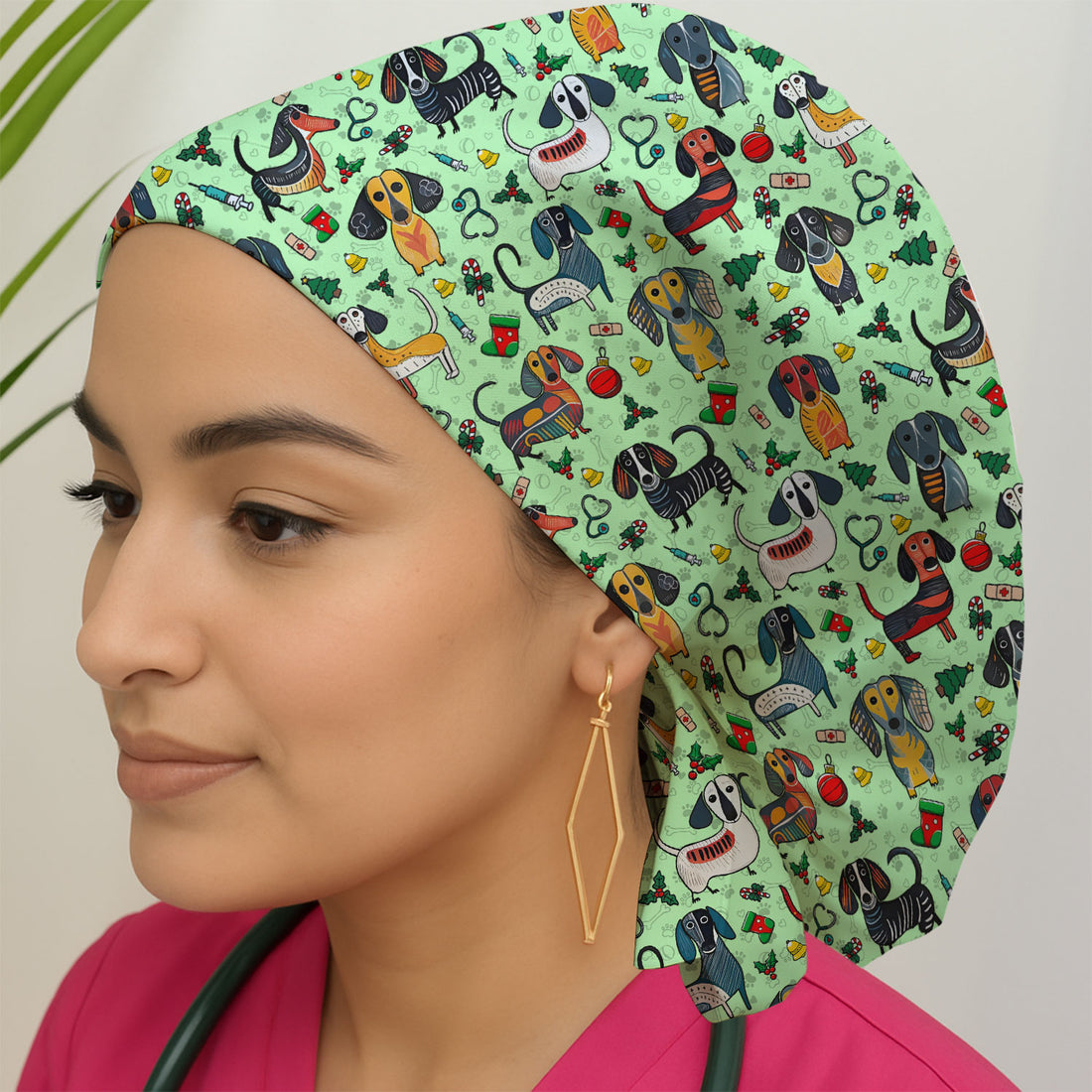Christmas Wiener Dog Bouffant Scrub Caps for Women - Dachshund Holiday Nursing Gift - Breathable Fabrics Caps Uniform