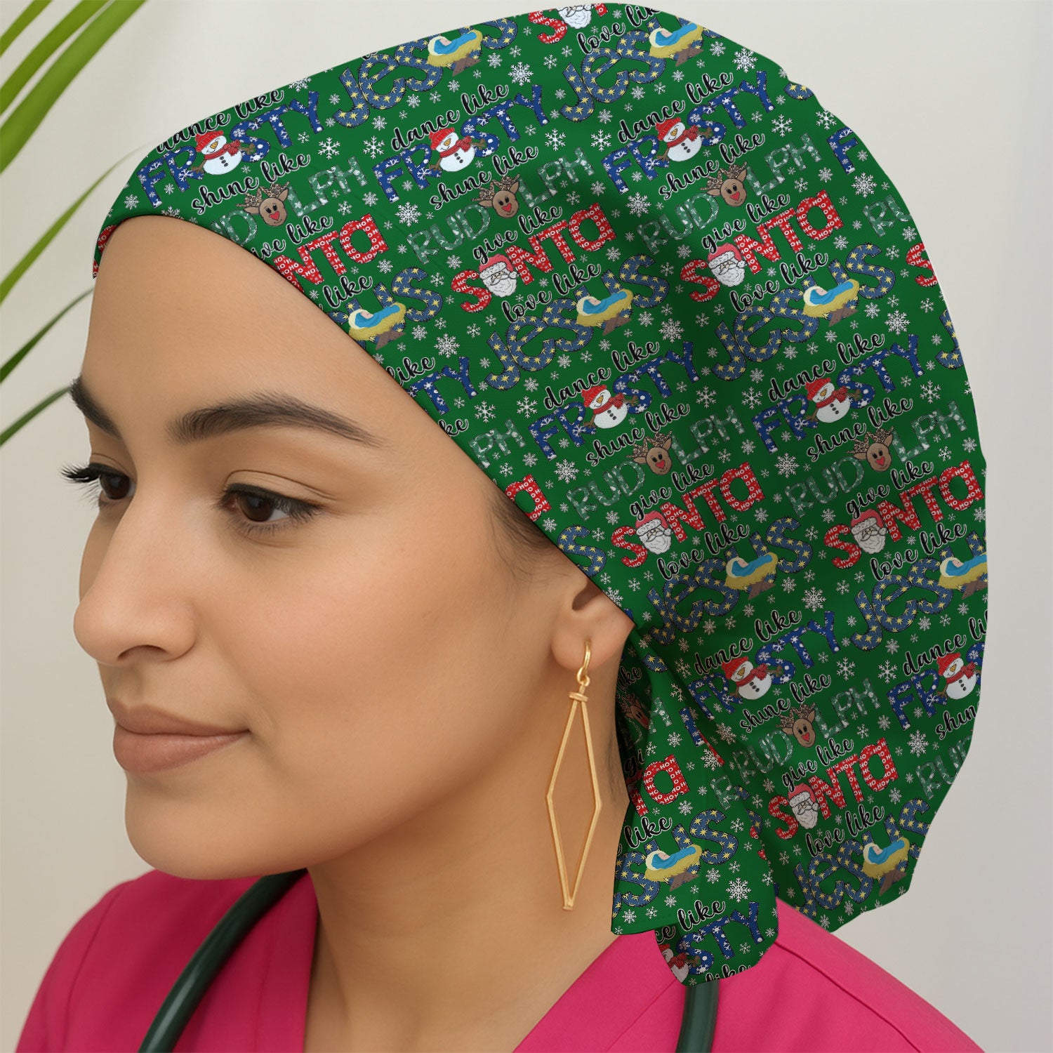 Funny Rudolph Bouffant Scrub Caps for Women - Christmas Santa Surgical Caps for Doctors - Breathable Fabrics Caps Uniform