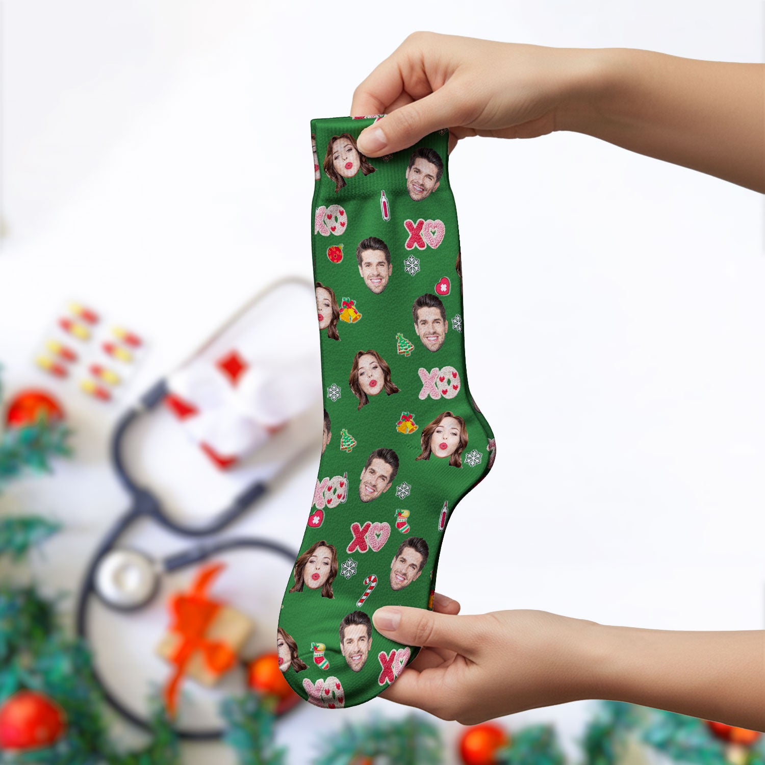 Personalized Photo Scrub Socks, Custom Face XOXO Scrub Sock, Breathable Fabrics Nursing Uniform