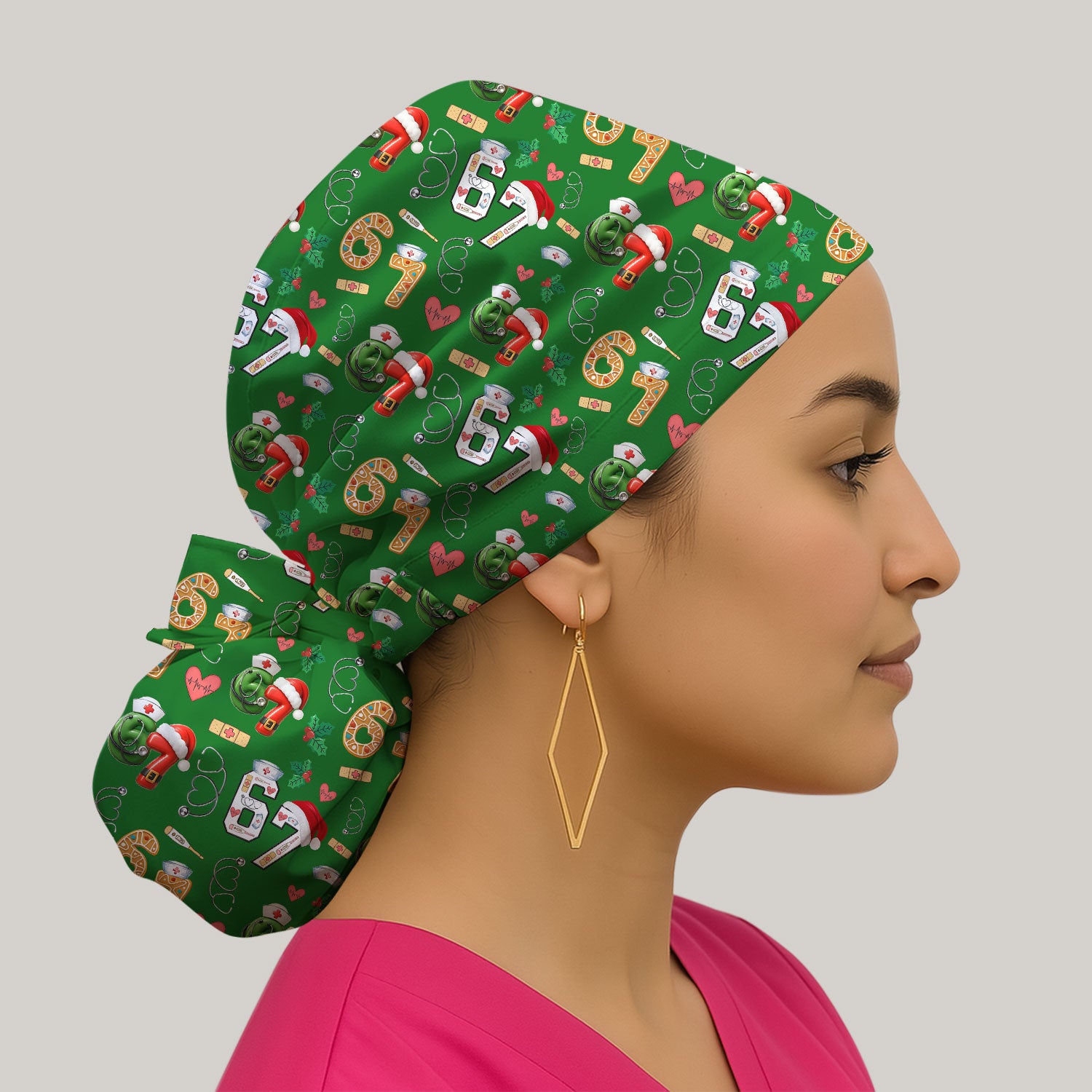 Christmas Nurse 67 Pattern Scrub Cap, Cute Holiday Medical Hat With Santa Hat, Uniform For Nursing