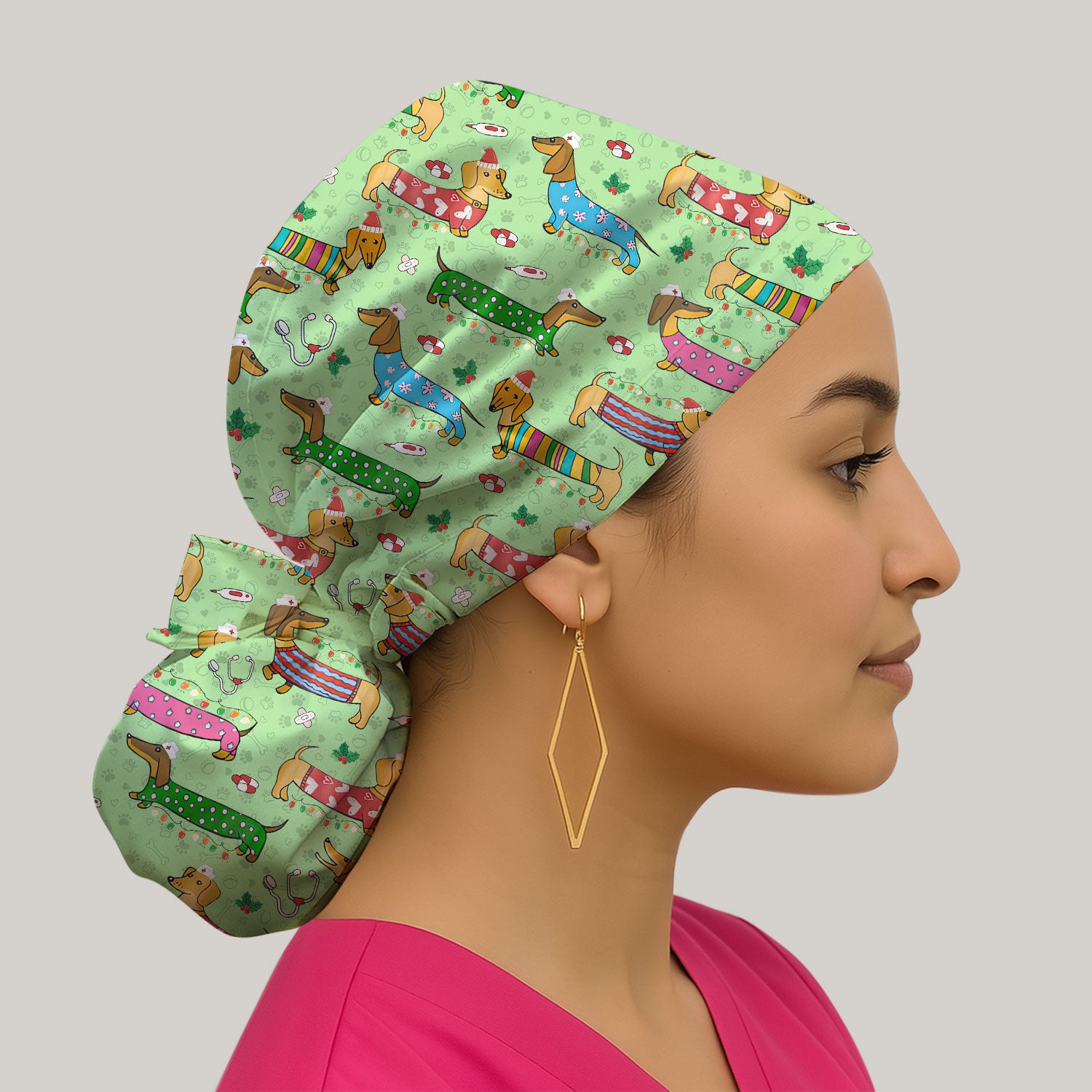 Funny Dachshund Bouffant Scrub Caps for Women - Cute Wiener Dog Holiday Nursing Gift - Puppy Lover Gift