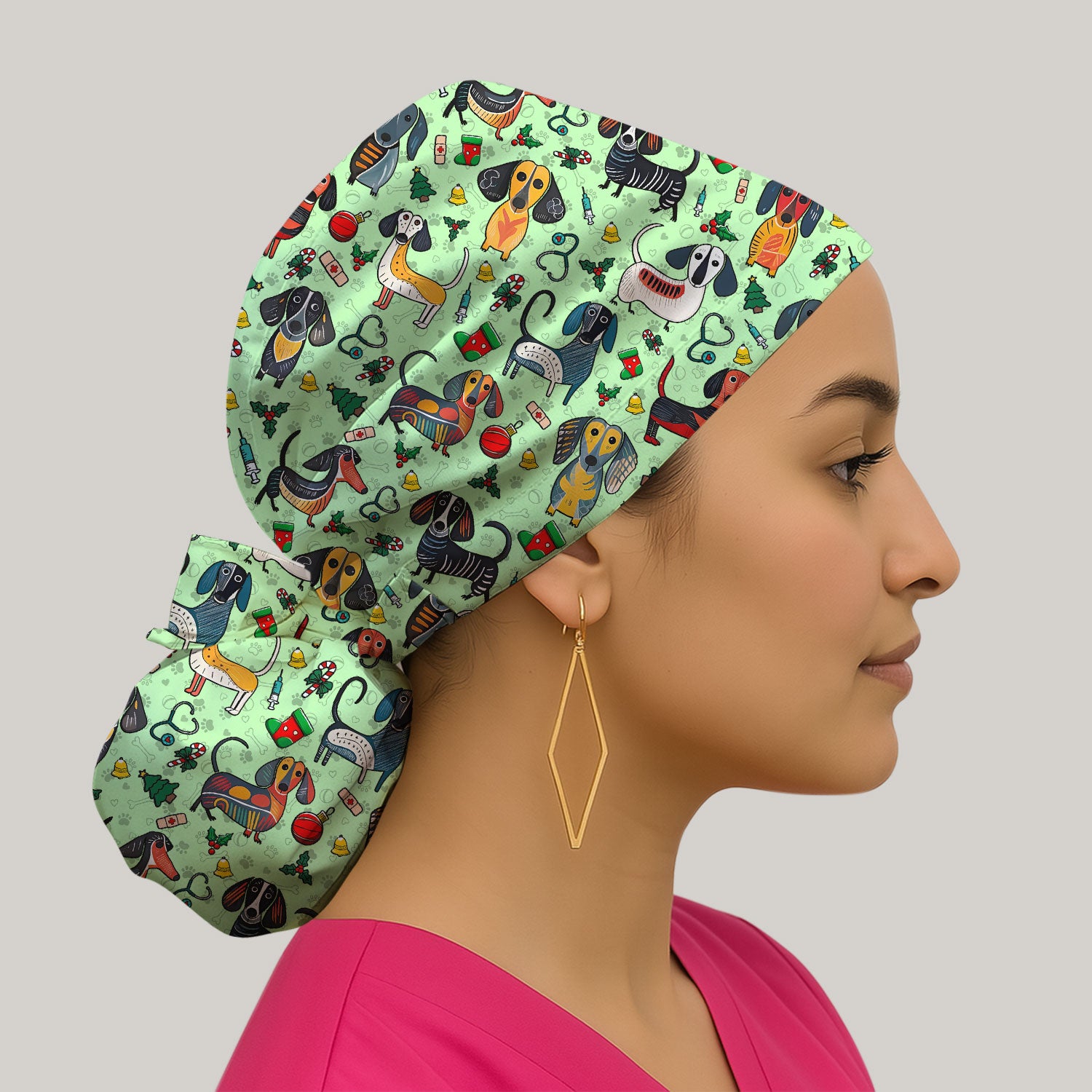Christmas Wiener Dog Bouffant Scrub Caps for Women - Dachshund Holiday Nursing Gift - Breathable Fabrics Caps Uniform