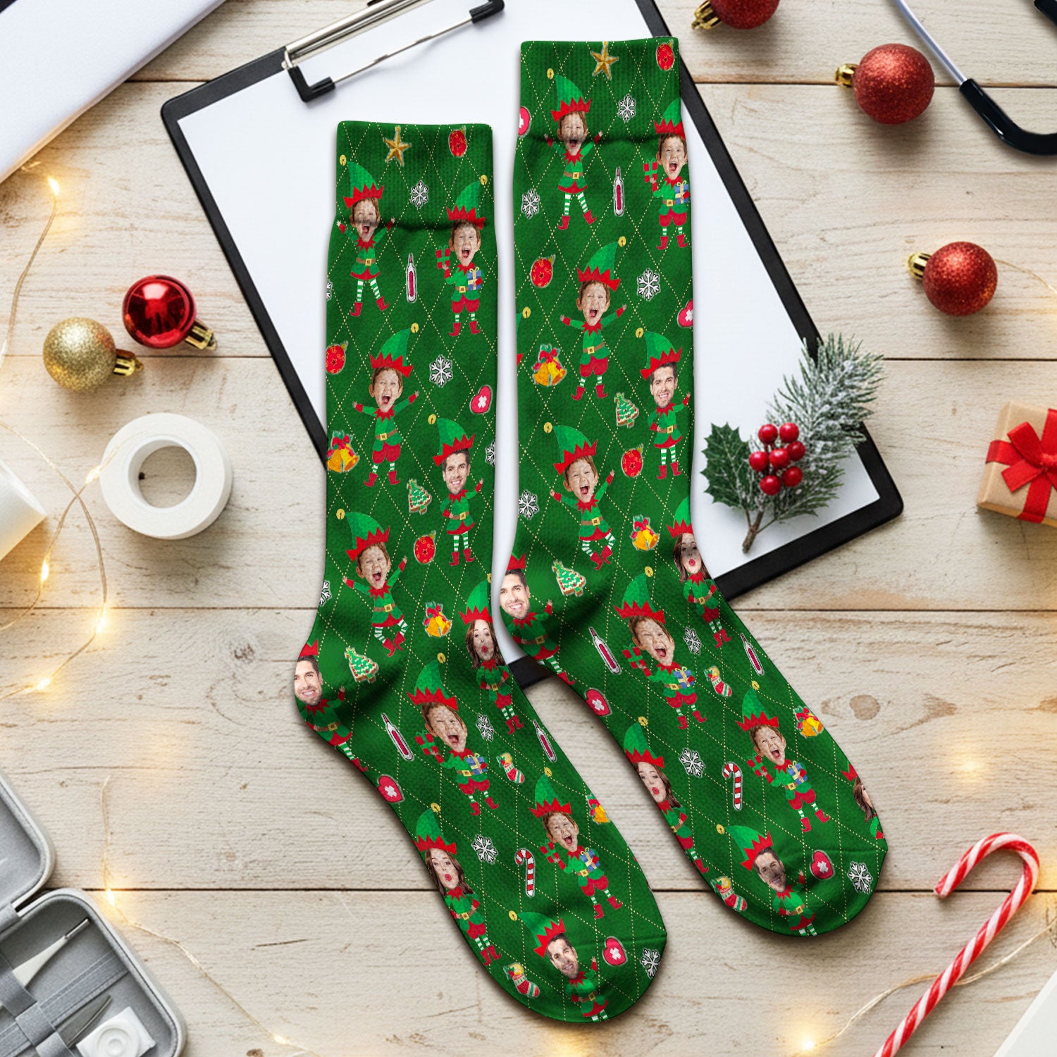 Personalized Face Nurse Sock, Custom Photo Christmas Scrub Socks, Funny Holiday Medical Uniform For Nursing