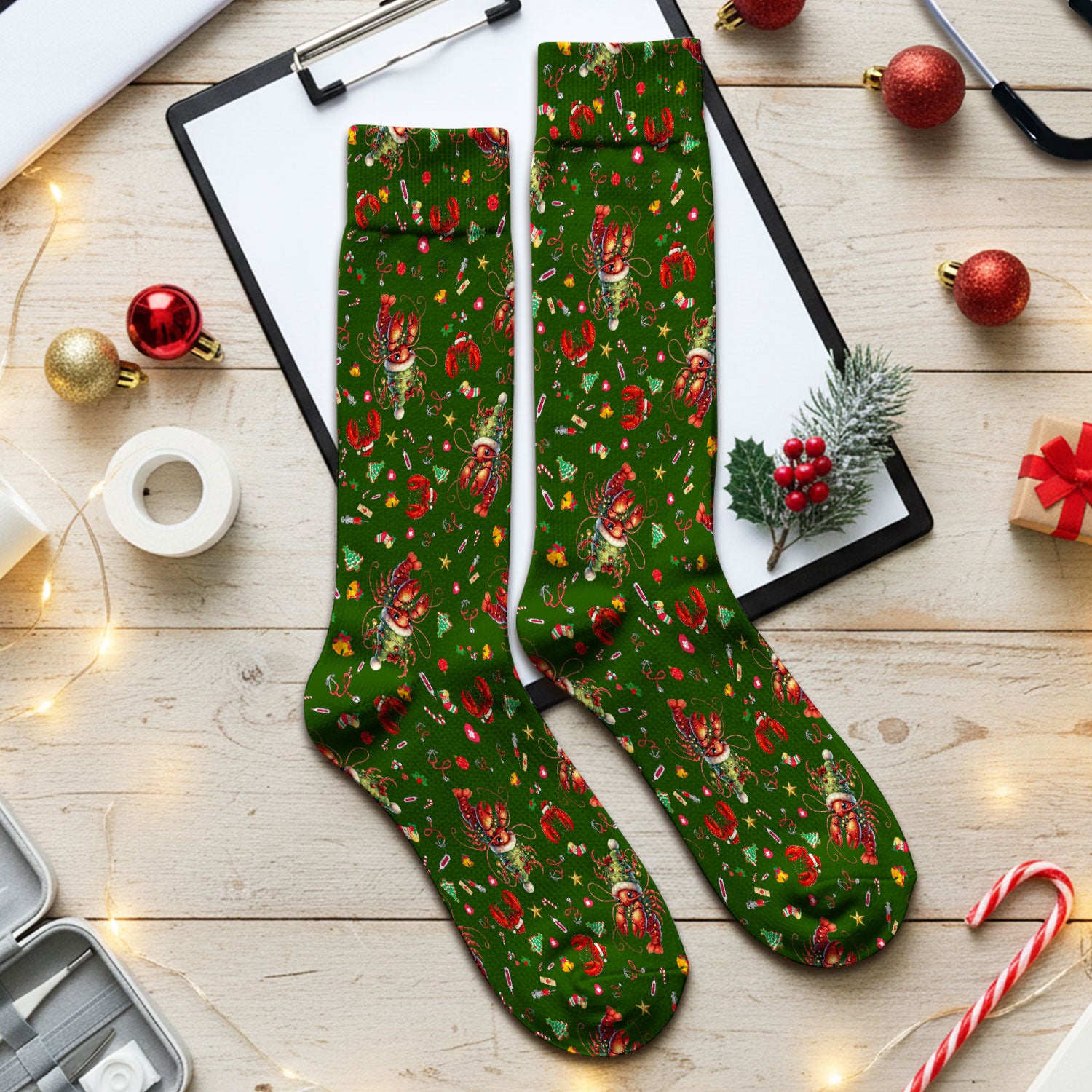 Whimsical Crawfish Christmas Scrub Socks – Southern Christmas Cajun Holiday Crawfish Pattern – Cute Medical Uniform for Nurses, Vets And Healthcare Workers