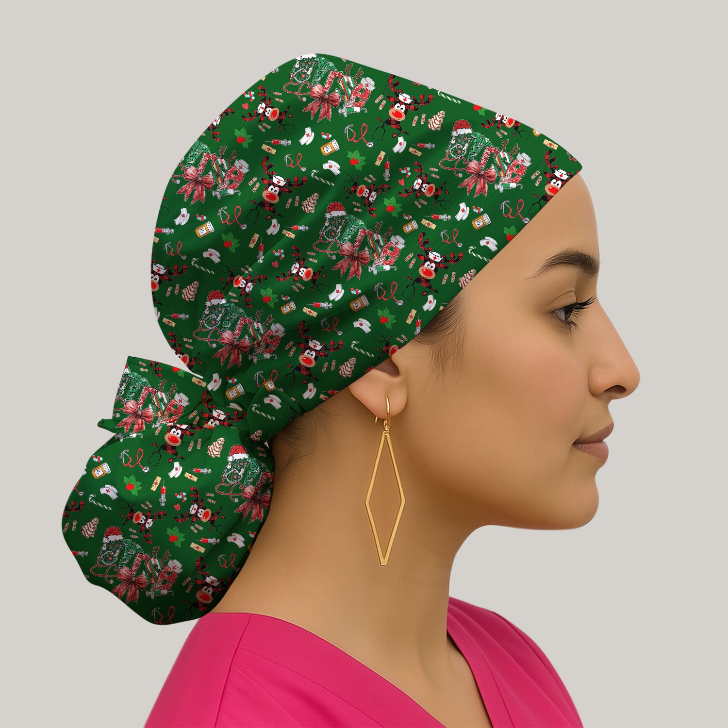 Whimsical Reindeer Christmas Scrub Cap – Festive Holiday Reindeer Pattern – Cute Medical Uniform for Nurses, Vets and Healthcare Workers