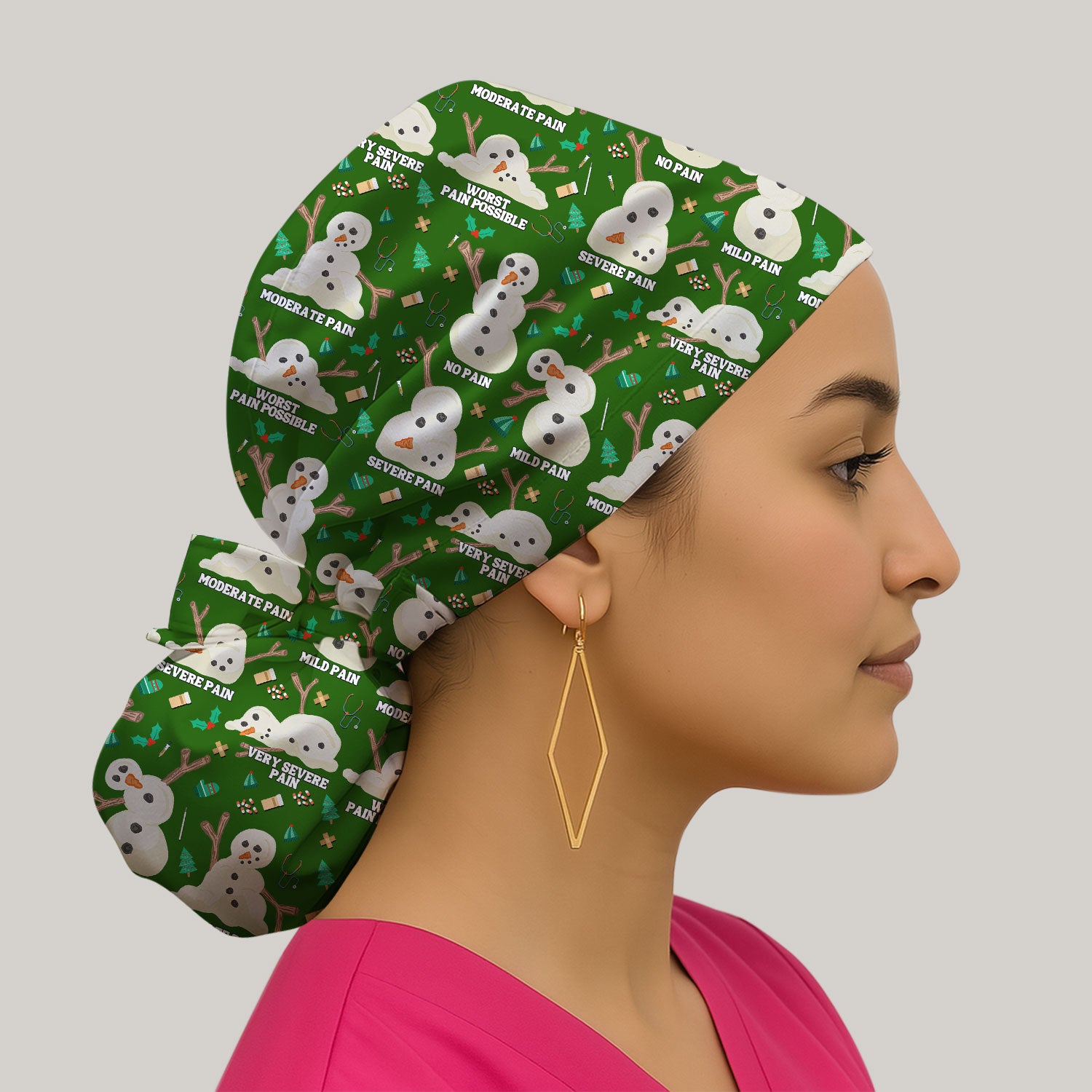 Funny Snowman Pain Scale Bouffant Scrub Caps for Women - Christmas Holiday Nursing Gift