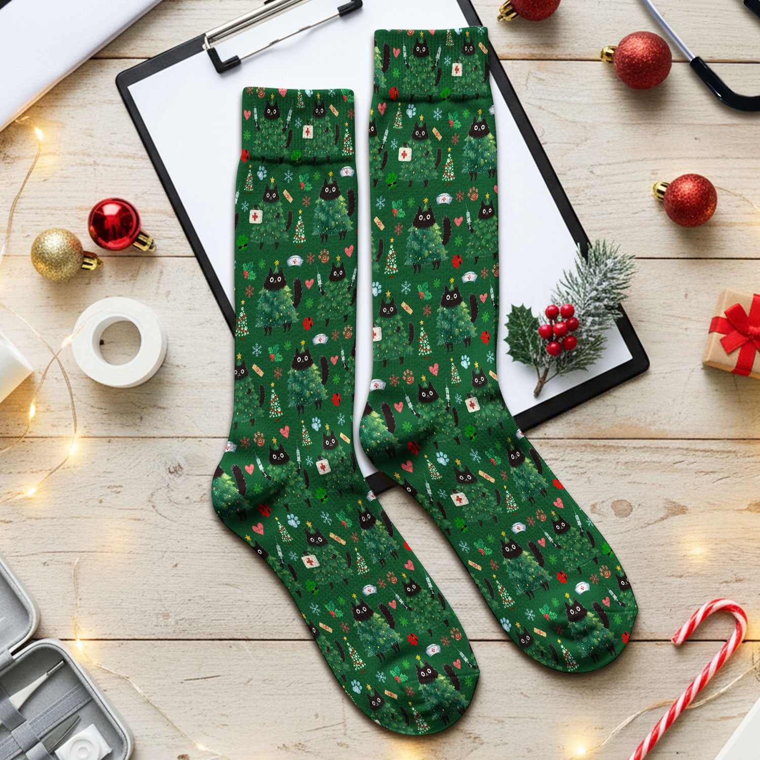 Christmas Nurse Scrub Socks, Xmas Black Cat Pattern Nurse Sock,  Breathable Fabrics Nursing Uniform