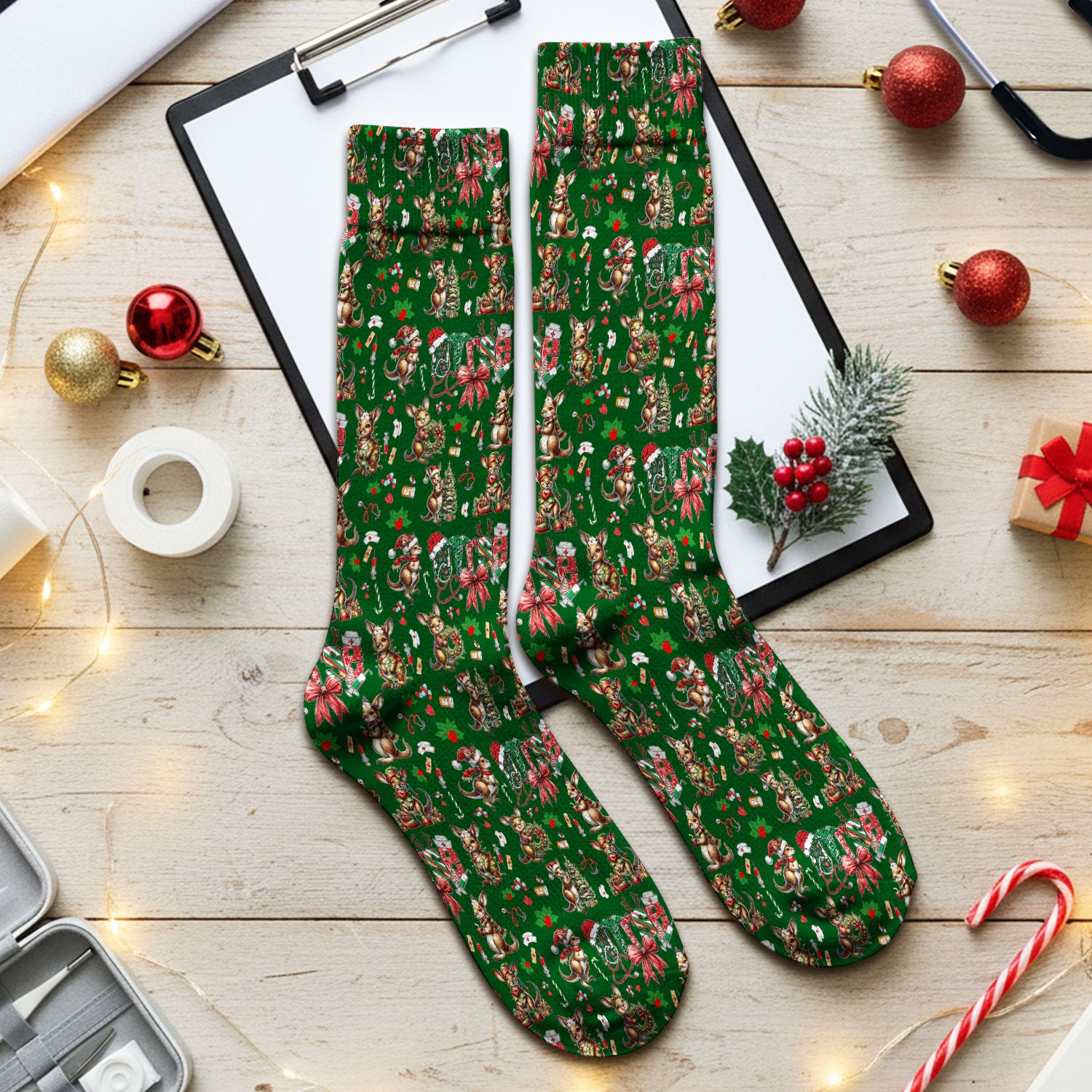 Whimsical Kangaroo Christmas Scrub Socks – Festive Australian Animals Holiday Pattern – Cute Medical Uniform for Nurses, Vets & Healthcare Workers