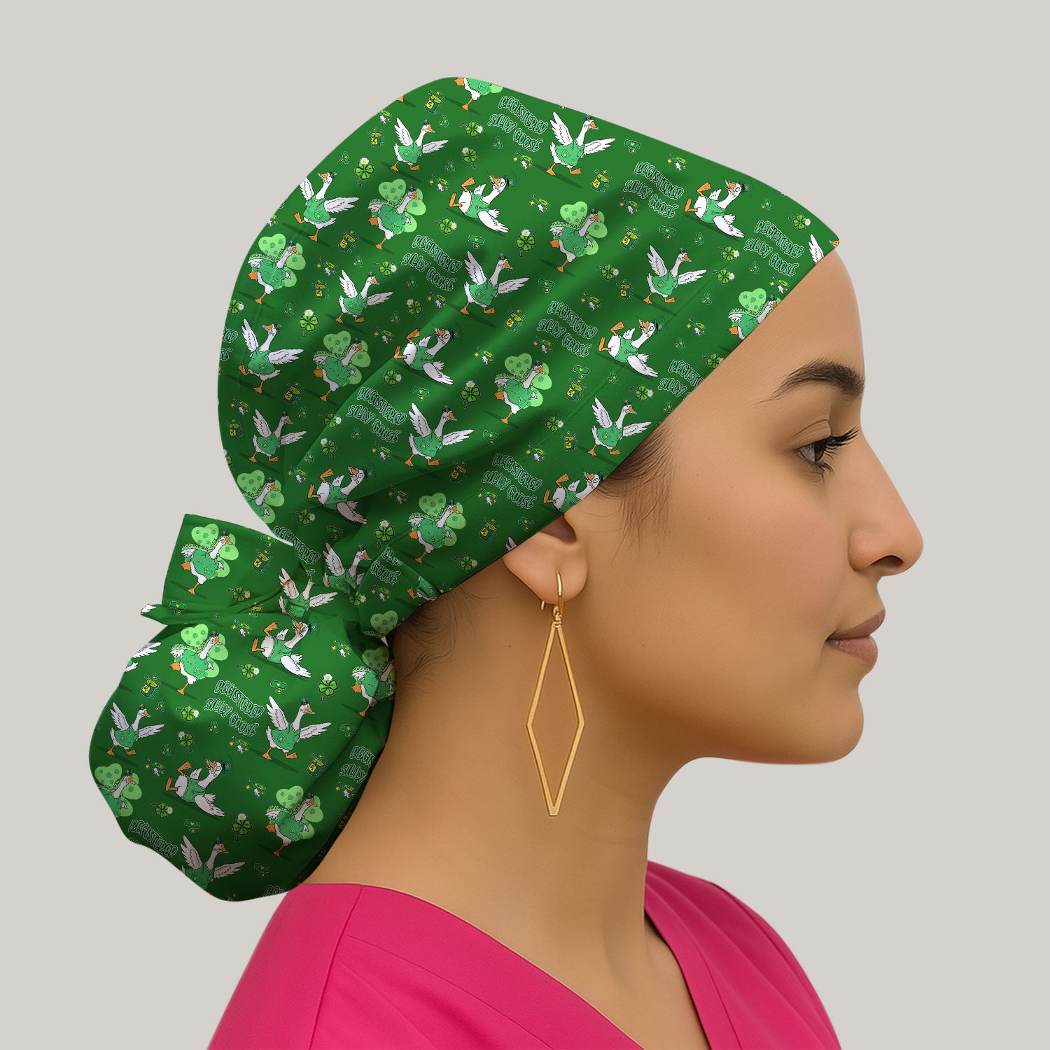 Silly Goose St. Patrick’s Day Scrub Cap, Funny Goose Shamrock Pattern Nurse Scrub Hat, Irish Green Nursing Uniform