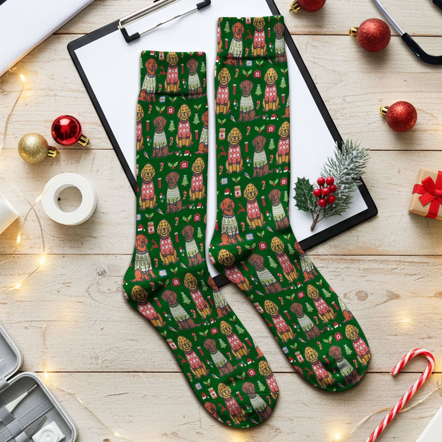 Golden Retriever Christmas Scrub Socks, Cute Holiday Dog Nurse Pattern Sock, Breathable Fabrics Nursing Uniform