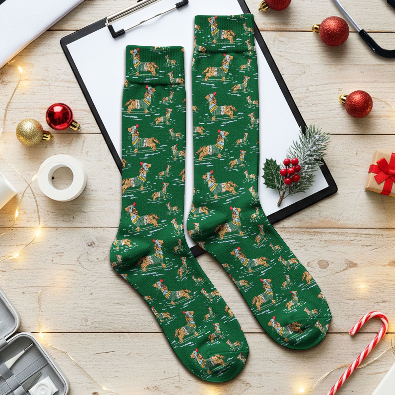 Dachshund Nurse Scrub Socks, Wiener Dog Winter Pattern Sock, Breathable Fabrics Nursing Uniform