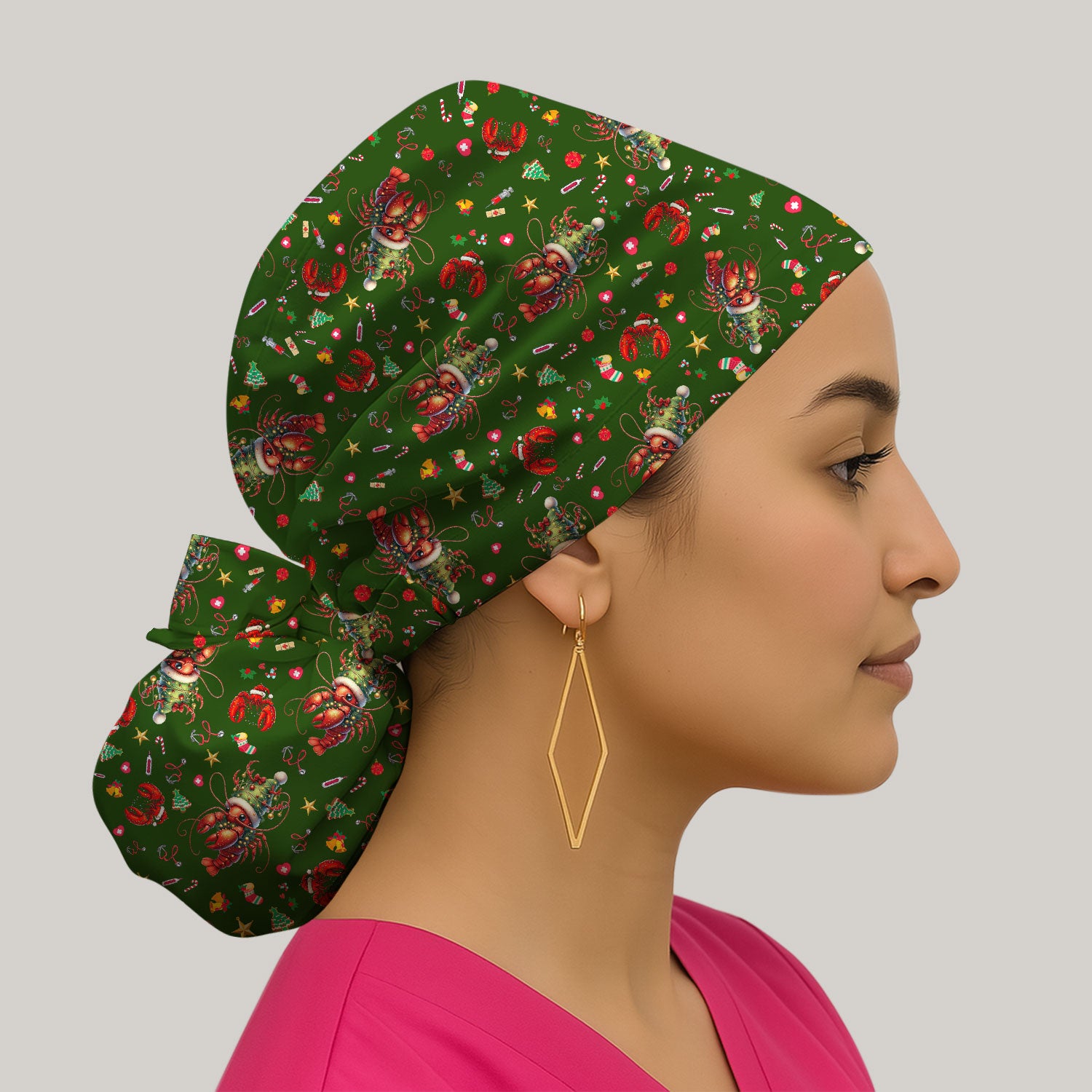 Whimsical Crawfish Christmas Scrub Cap – Southern Christmas Cajun Holiday Crawfish Pattern – Cute Medical Uniform for Nurses, Vets And Healthcare Workers