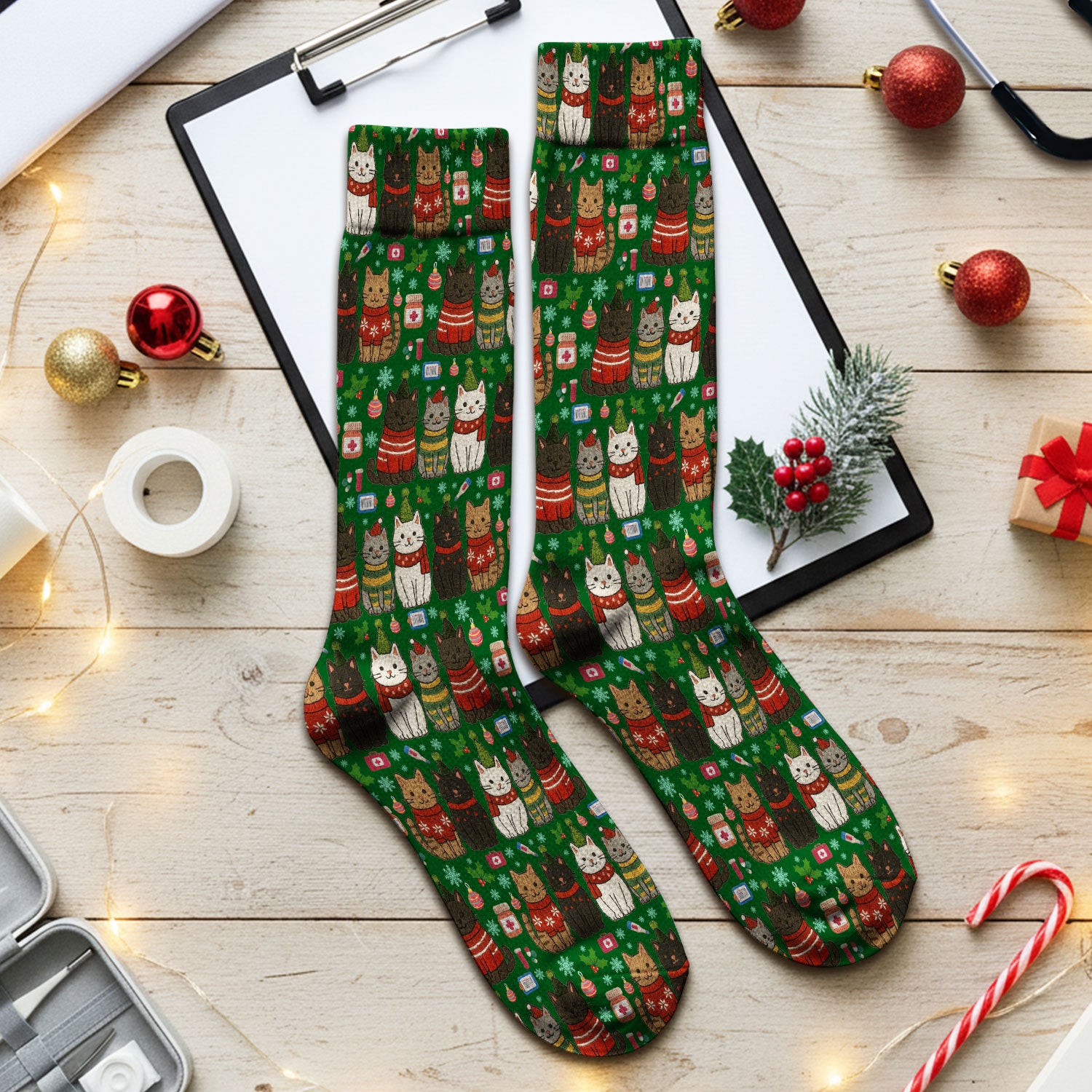 Christmas Cat Nurse Socks, Funny Holiday Medical Socks, Cute RN Gift For Nurses, Cat Lover Xmas Socks