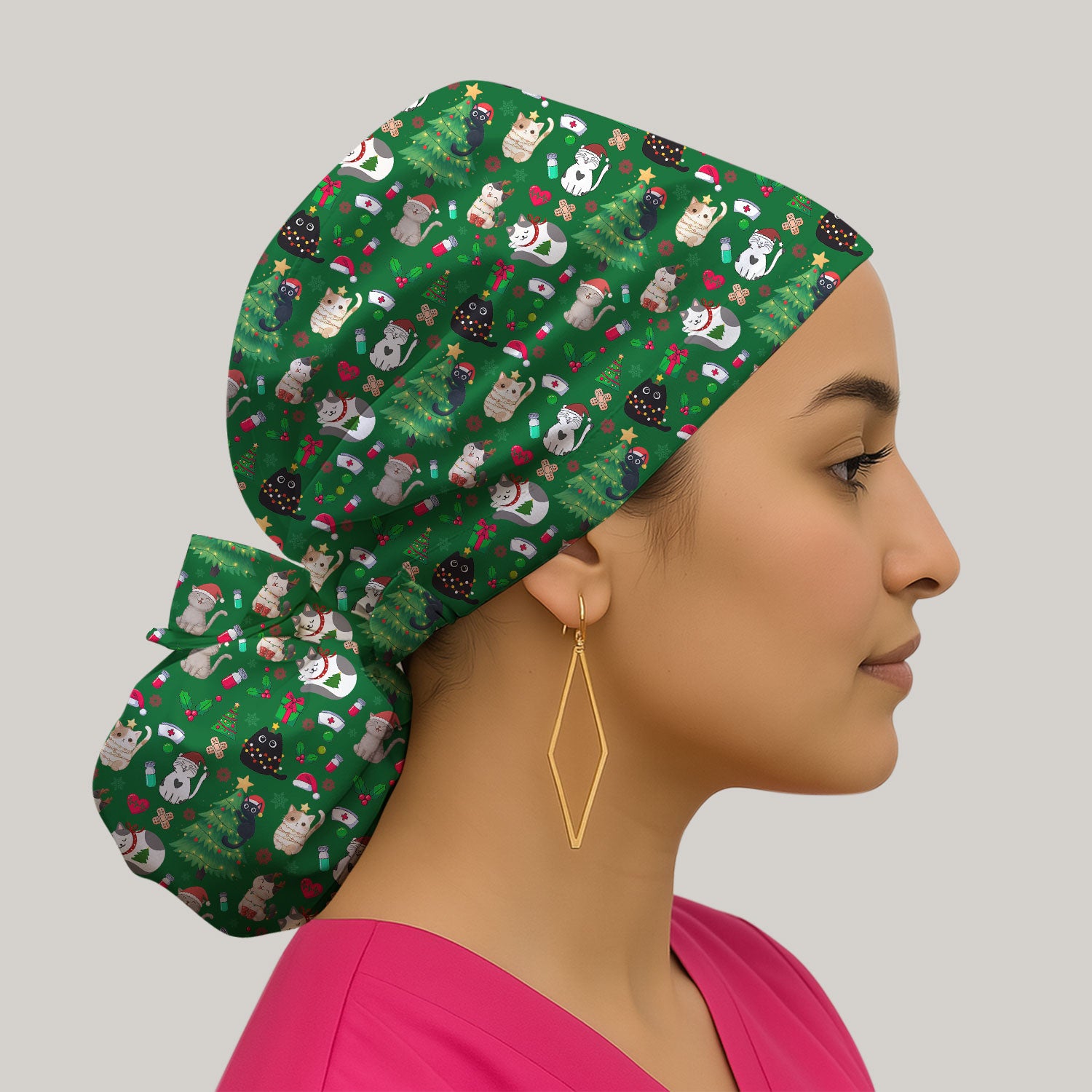 Christmas Cat Scrub Hat, Xmas Pet Pattern Scrub Cap, Breathable Fabrics Nursing Uniform