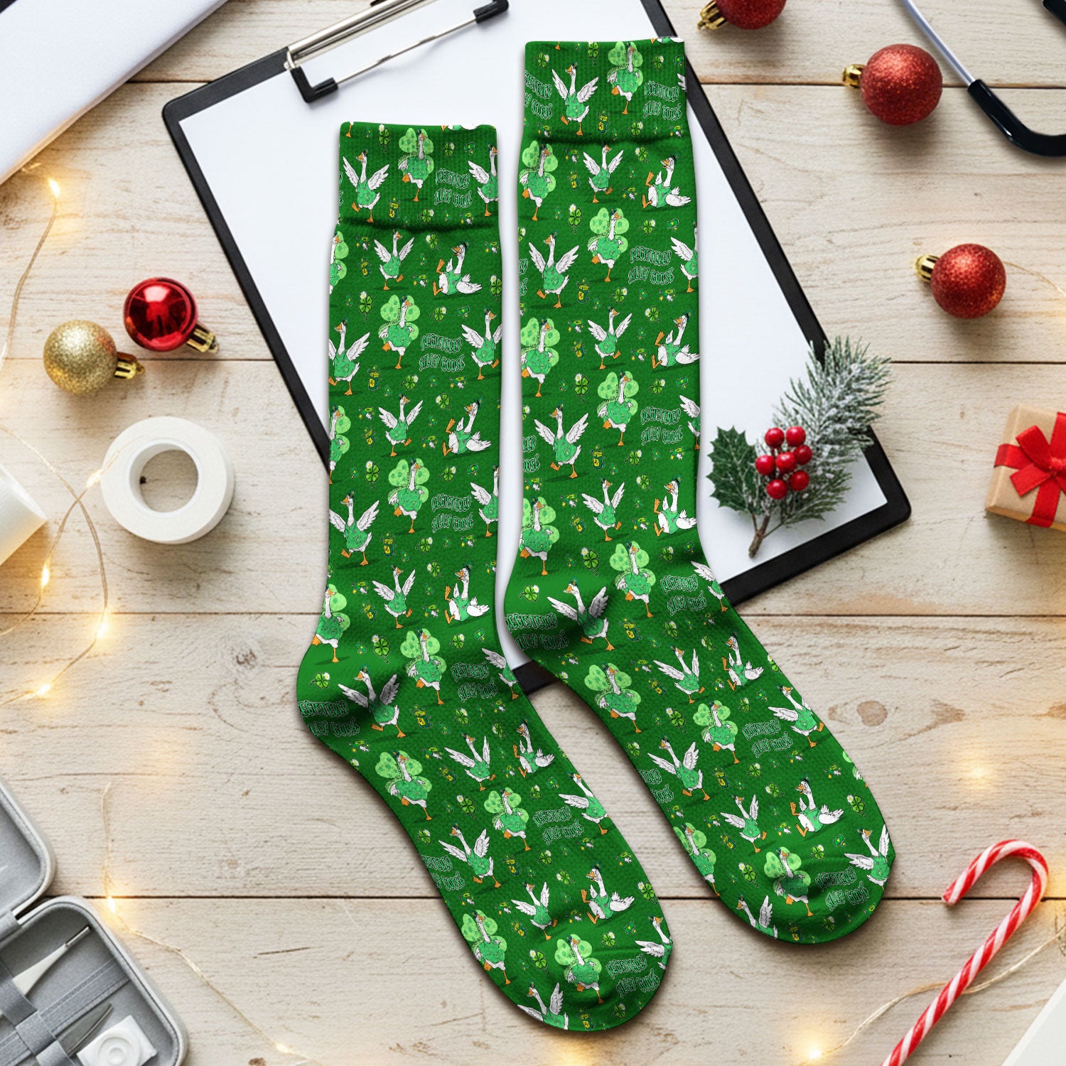 Silly Goose St. Patrick’s Day Scrub Socks, Funny Goose Shamrock Pattern Nurse Scrub Sock, Irish Green Nursing Uniform