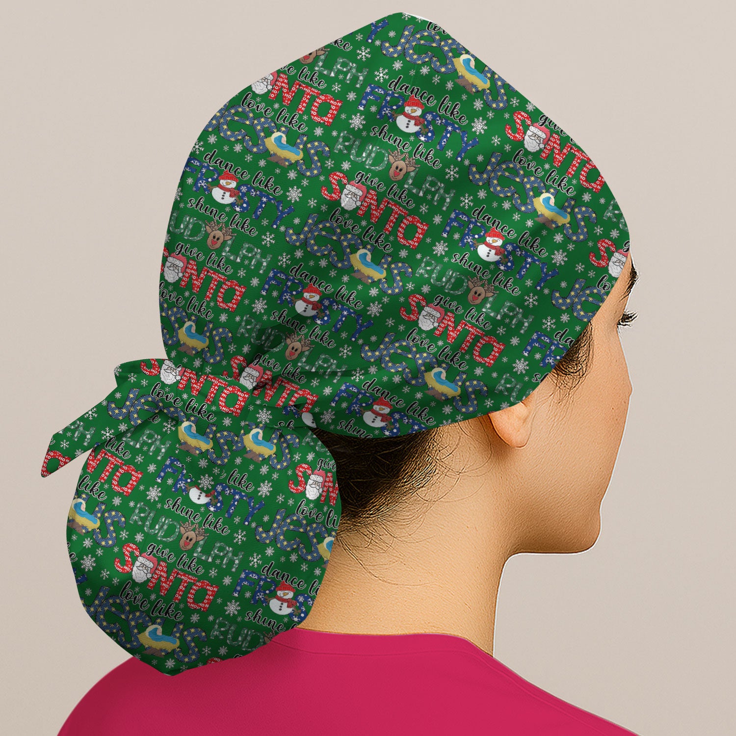 Funny Rudolph Bouffant Scrub Caps for Women - Christmas Santa Surgical Caps for Doctors - Breathable Fabrics Caps Uniform