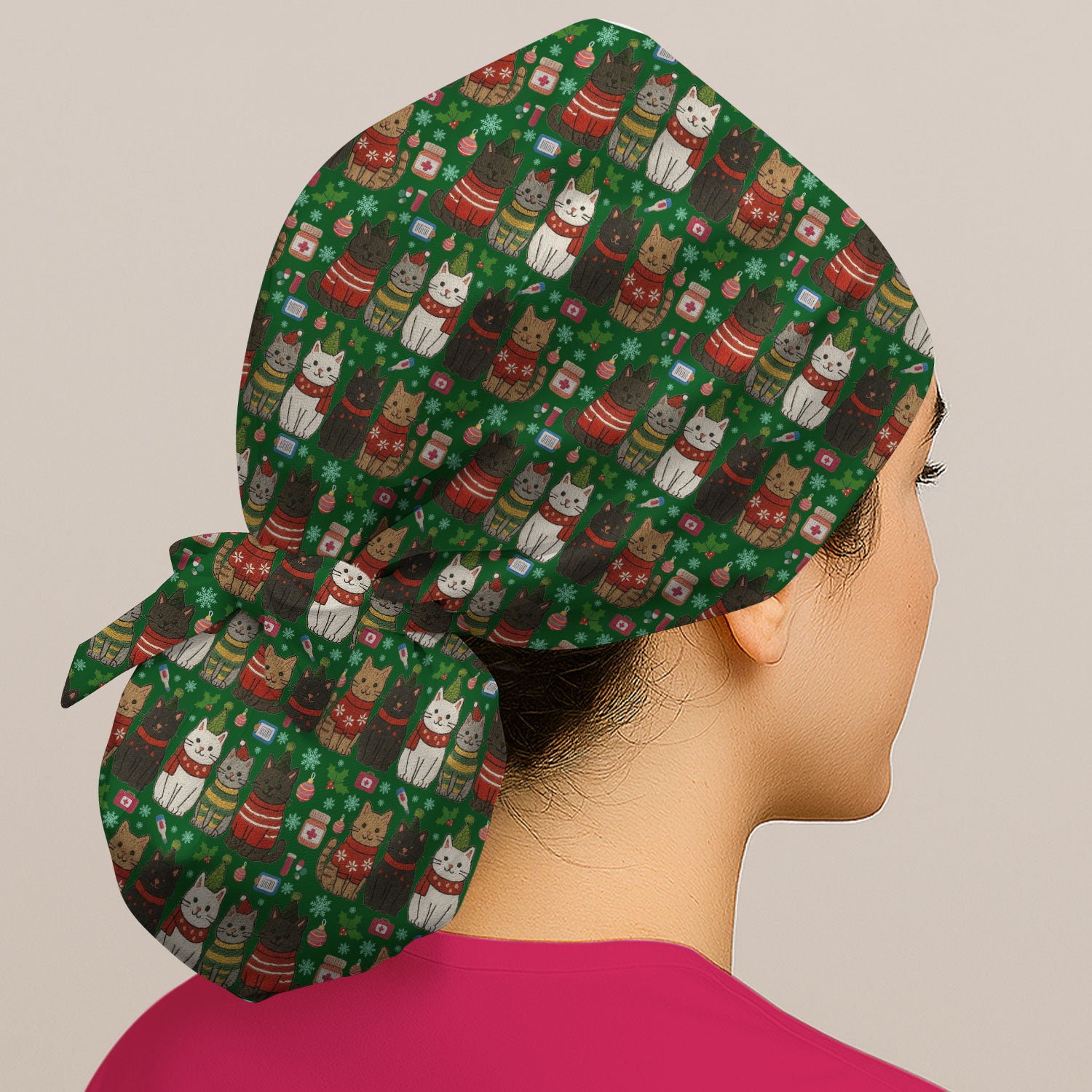 Christmas Cat Bouffant Scrub Cap For Women, Festive Hat for Nurses, Cute Cat Lover Gift For Her