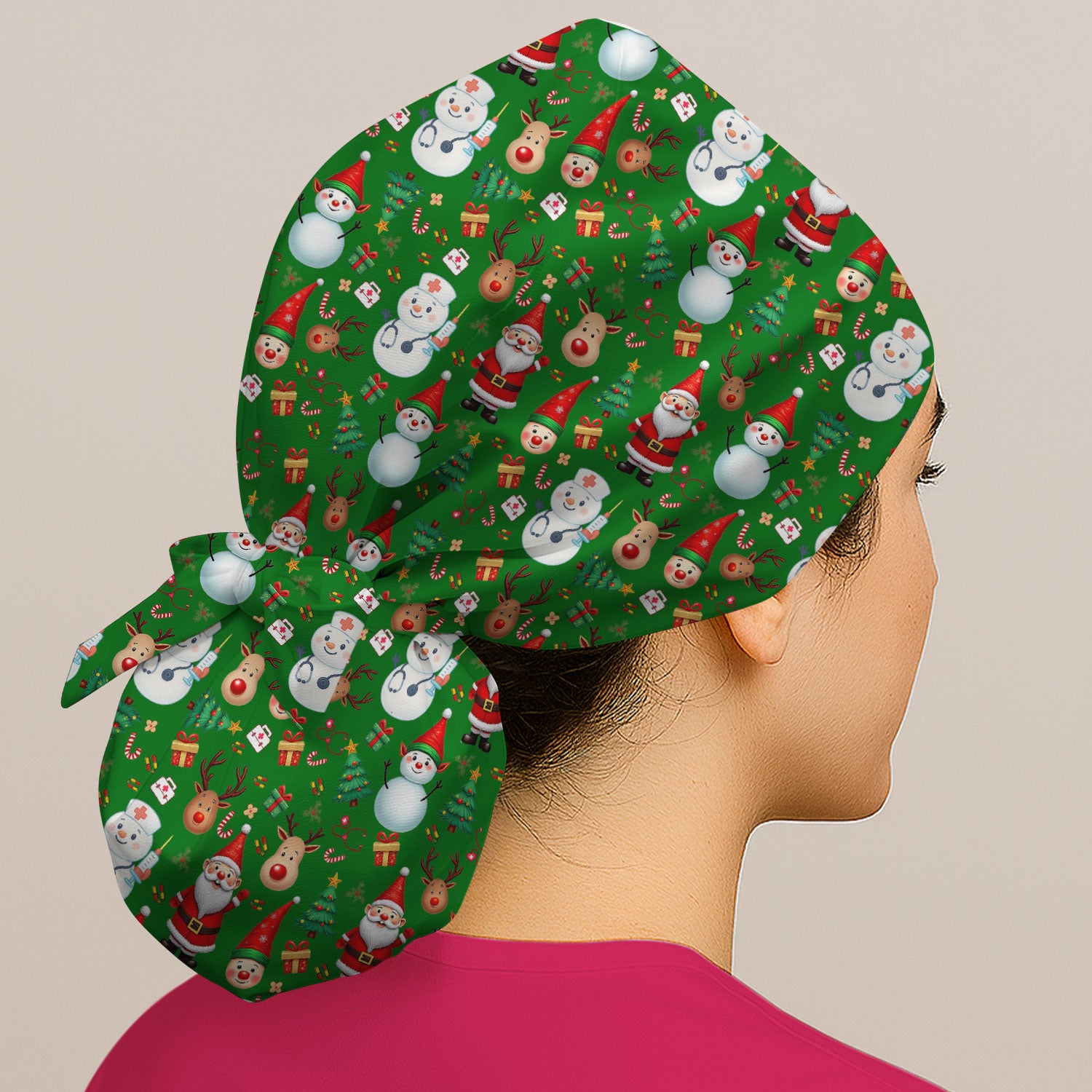 Christmas Bouffant Scrub Caps for Women - Cute Snowman Reindeer Santa Surgical Caps for Doctors - Breathable Fabrics Caps Uniform