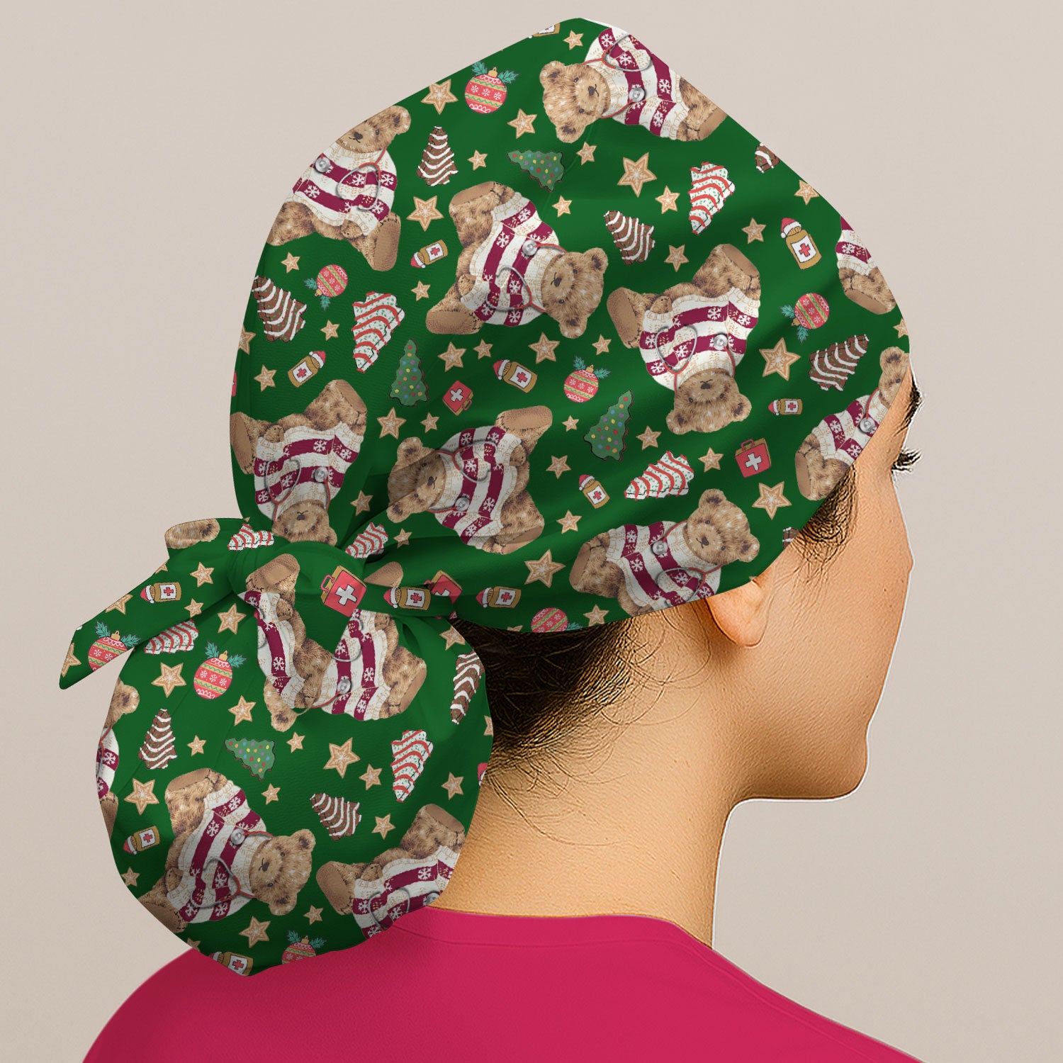 Teddy Bear Christmas Bouffant Scrub Caps for Women - Festive Holiday Nursing Gift - Breathable Fabrics Caps Uniform