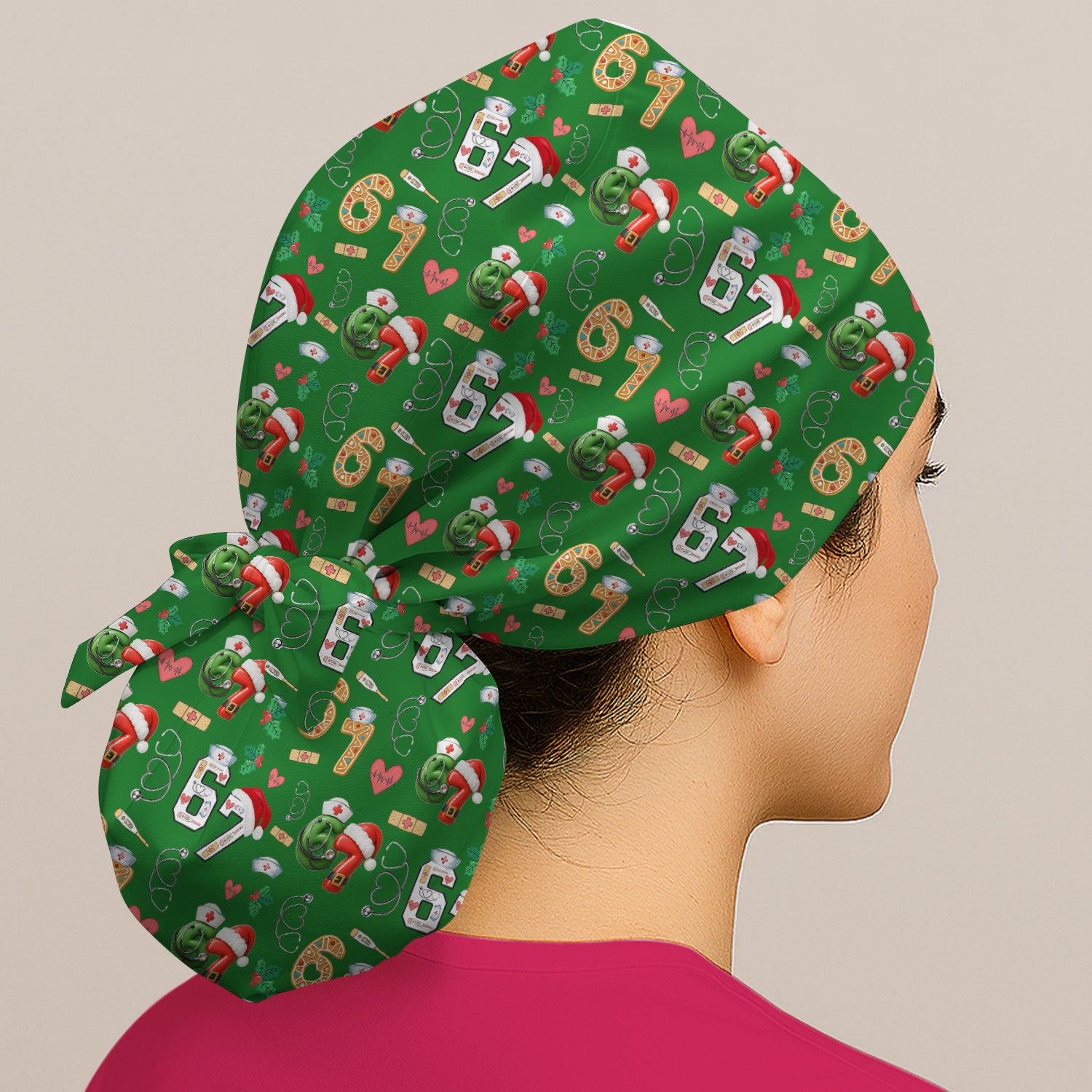 Christmas Nurse 67 Pattern Scrub Cap, Cute Holiday Medical Hat With Santa Hat, Uniform For Nursing