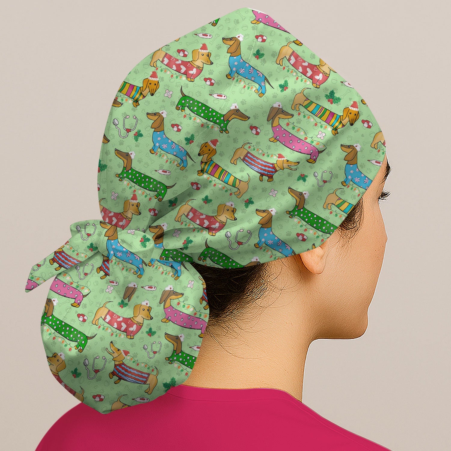 Funny Dachshund Bouffant Scrub Caps for Women - Cute Wiener Dog Holiday Nursing Gift - Puppy Lover Gift