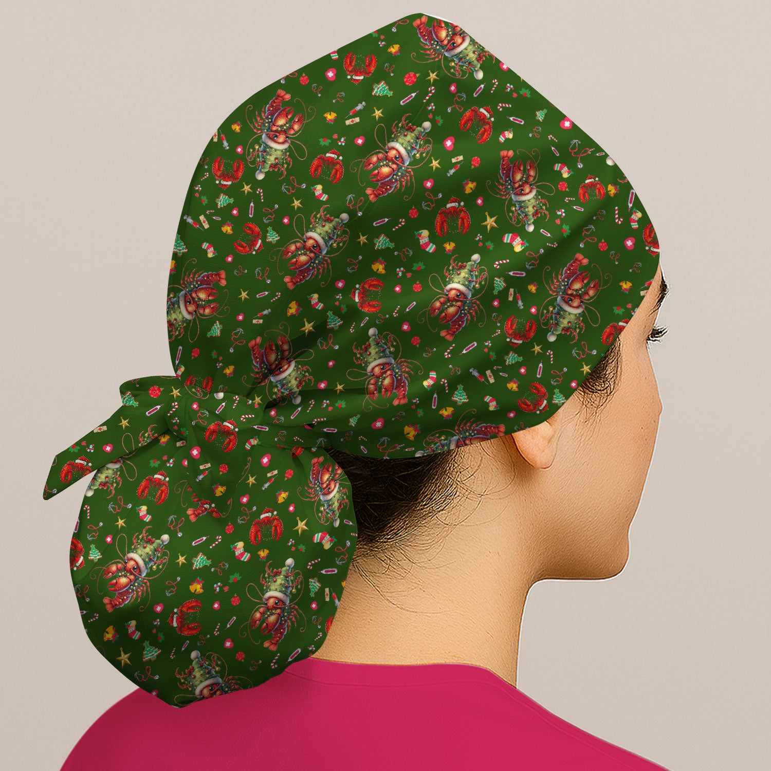 Whimsical Crawfish Christmas Scrub Cap – Southern Christmas Cajun Holiday Crawfish Pattern – Cute Medical Uniform for Nurses, Vets And Healthcare Workers
