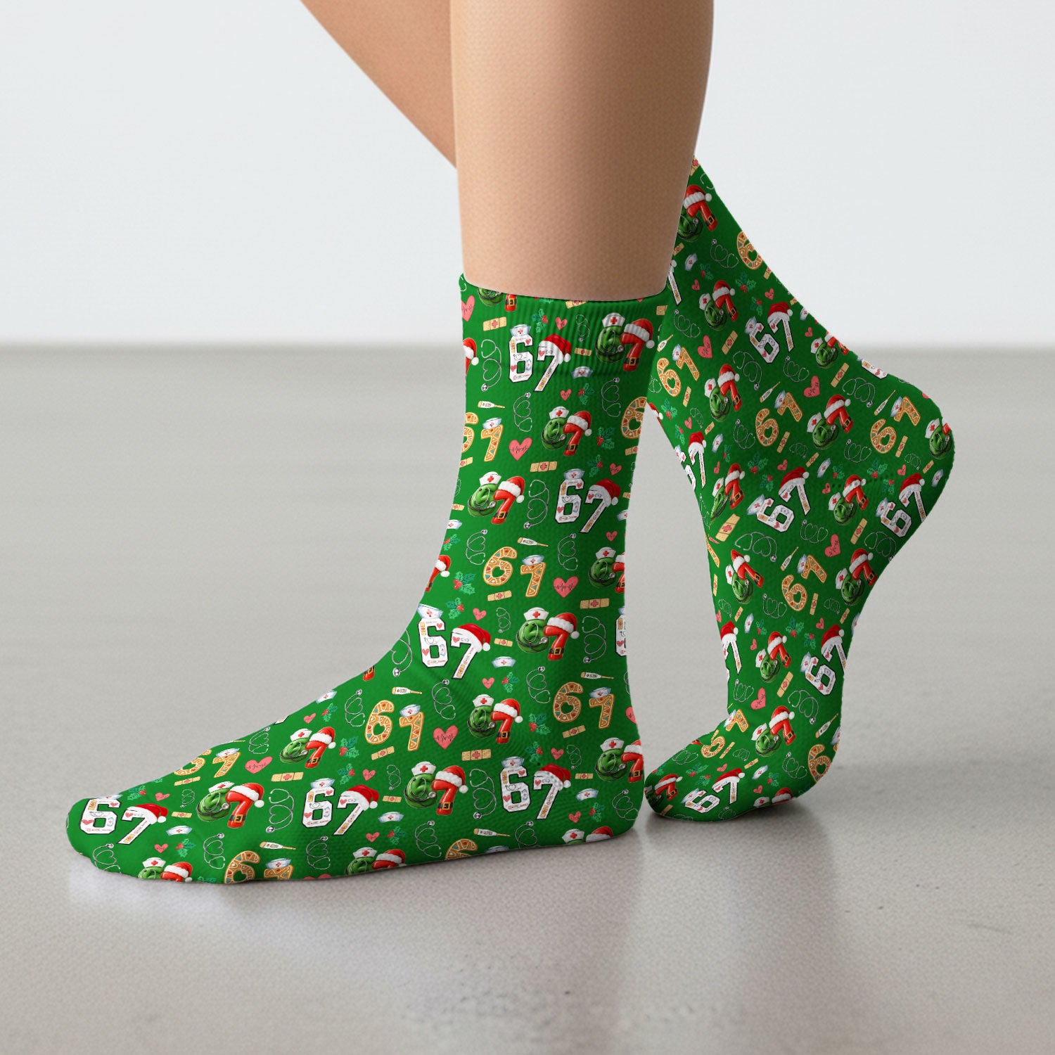 Christmas Nurse 67 Pattern Scrub Socks, Cute Holiday Medical Sock With Santa Hat, Uniform For Nursing