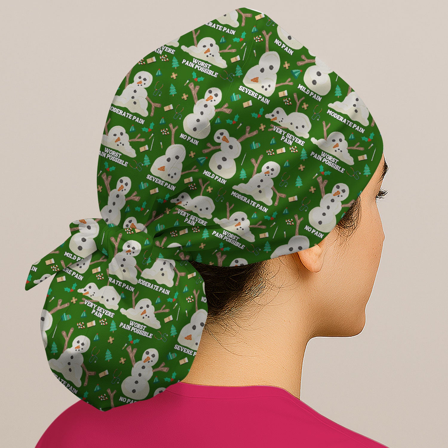 Funny Snowman Pain Scale Bouffant Scrub Caps for Women - Christmas Holiday Nursing Gift