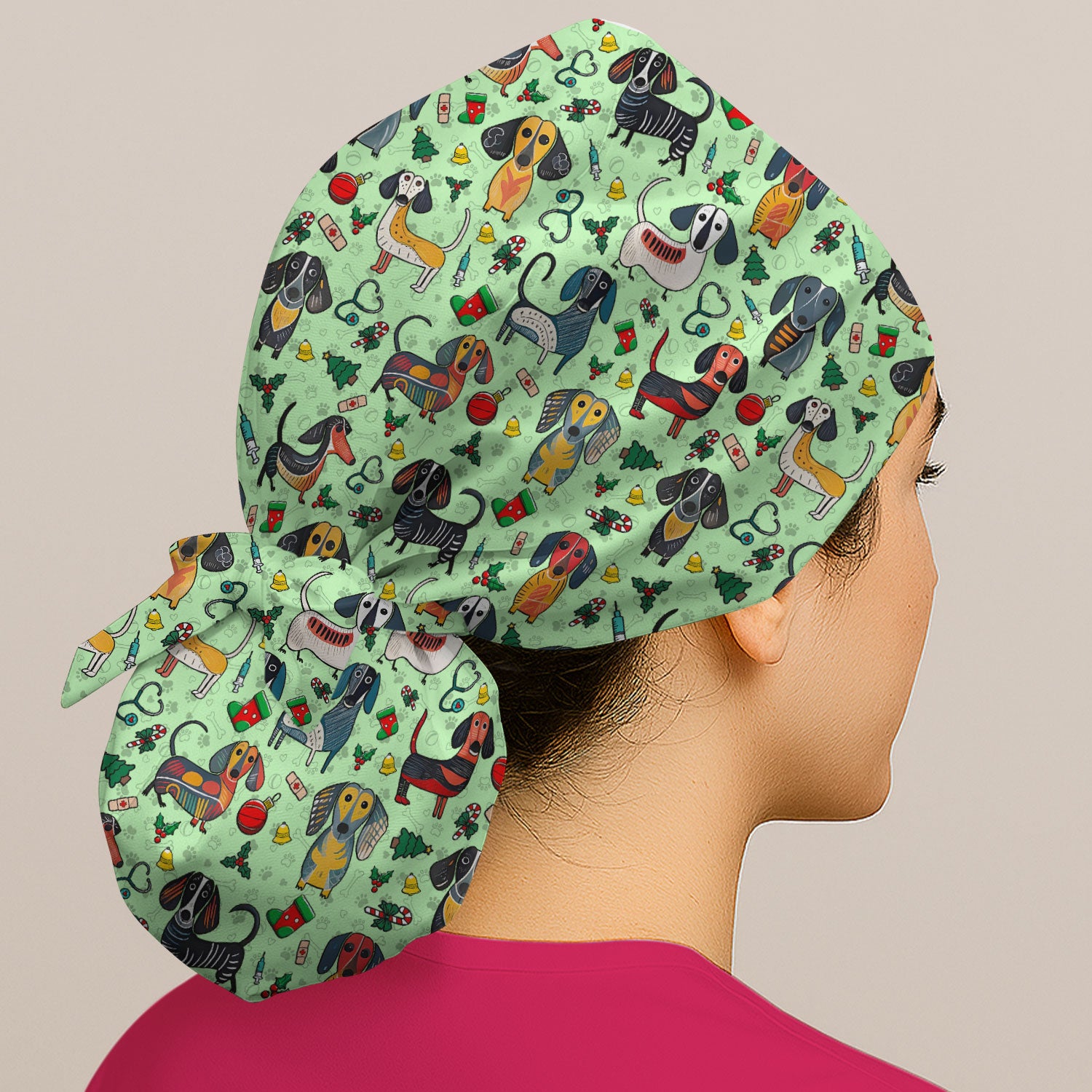 Christmas Wiener Dog Bouffant Scrub Caps for Women - Dachshund Holiday Nursing Gift - Breathable Fabrics Caps Uniform
