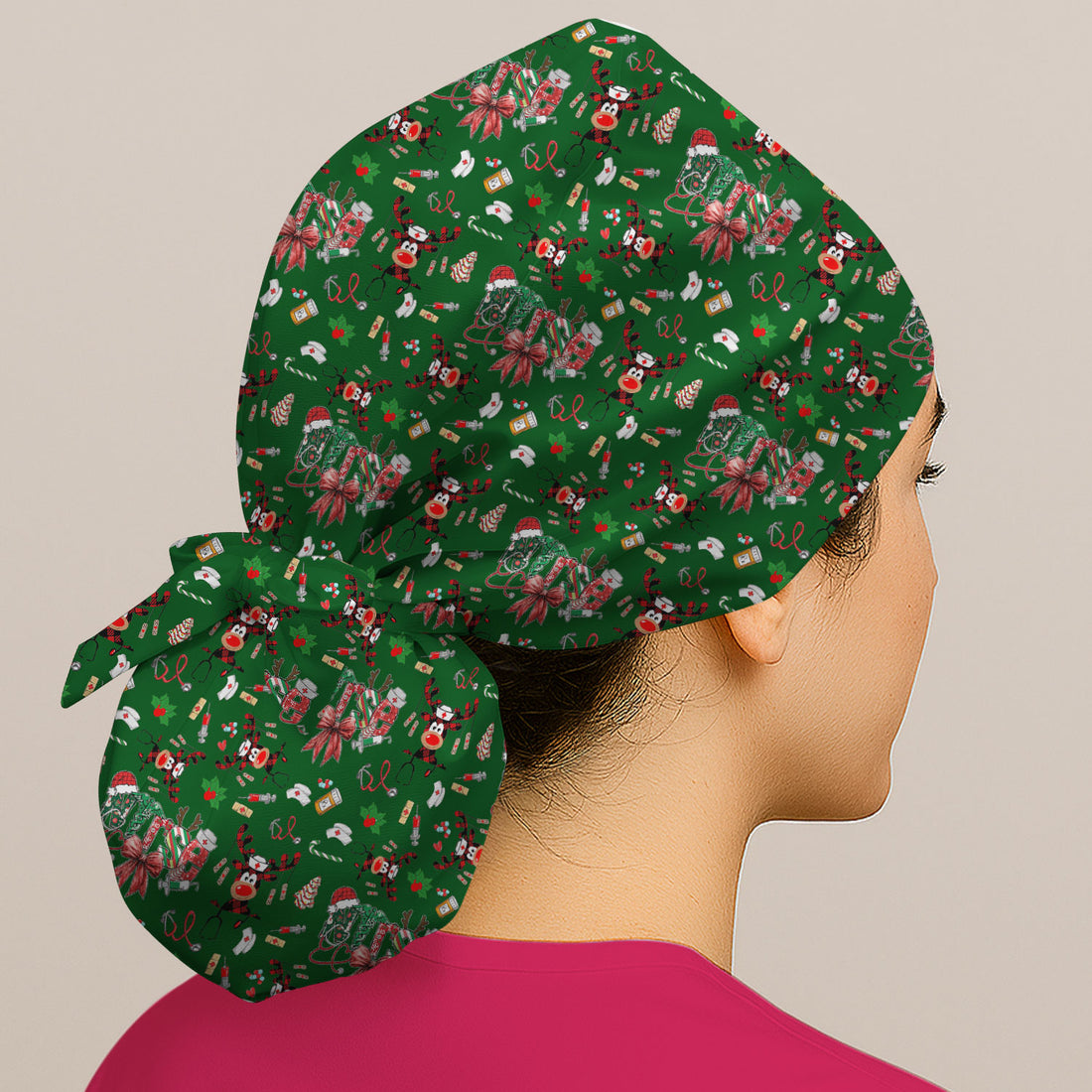 Whimsical Reindeer Christmas Scrub Cap – Festive Holiday Reindeer Pattern – Cute Medical Uniform for Nurses, Vets and Healthcare Workers