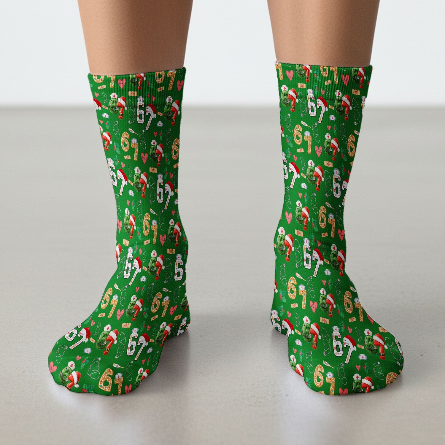 Christmas Nurse 67 Pattern Scrub Socks, Cute Holiday Medical Sock With Santa Hat, Uniform For Nursing