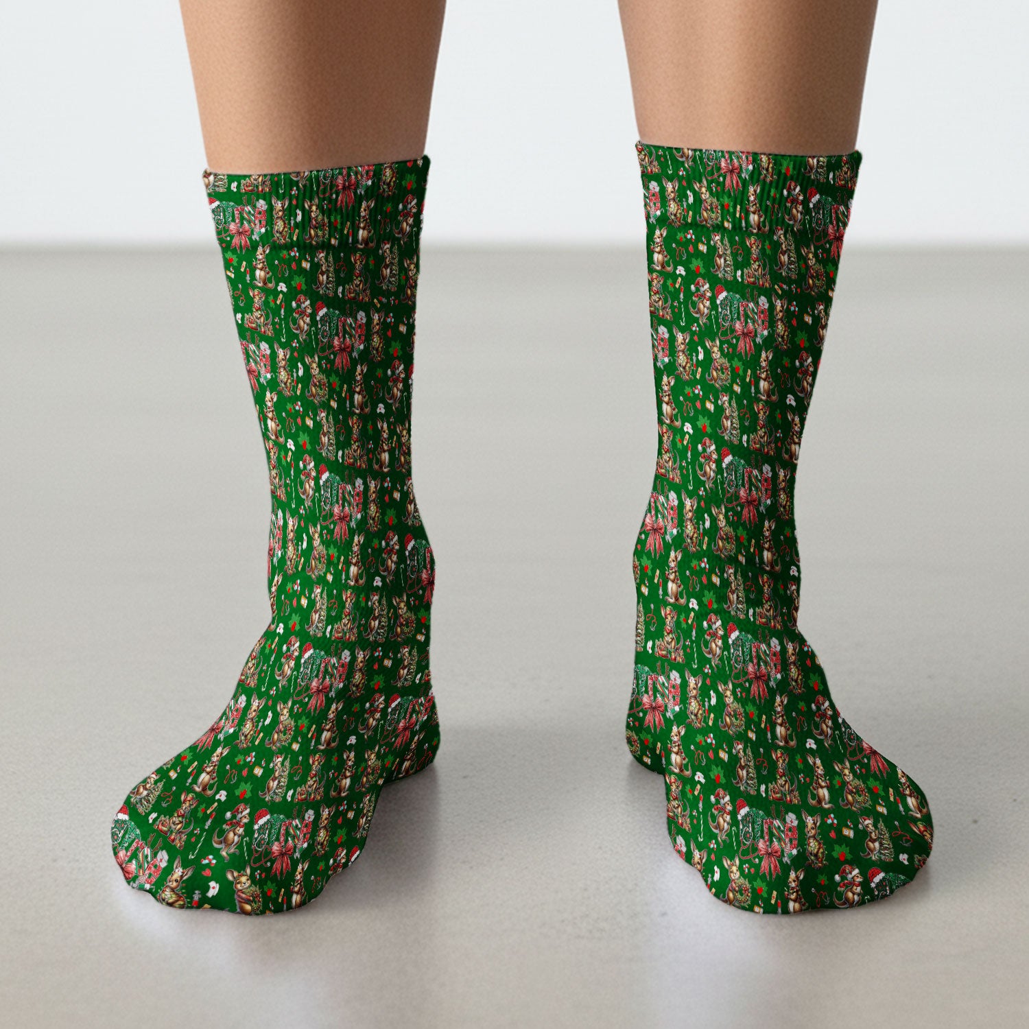 Whimsical Kangaroo Christmas Scrub Socks – Festive Australian Animals Holiday Pattern – Cute Medical Uniform for Nurses, Vets & Healthcare Workers