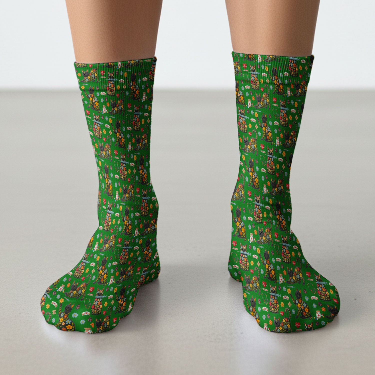 Floral Black Cat Pattern Scrub Socks, Cute Cat Nurse Scrub Sock, Medical Nursing Uniform