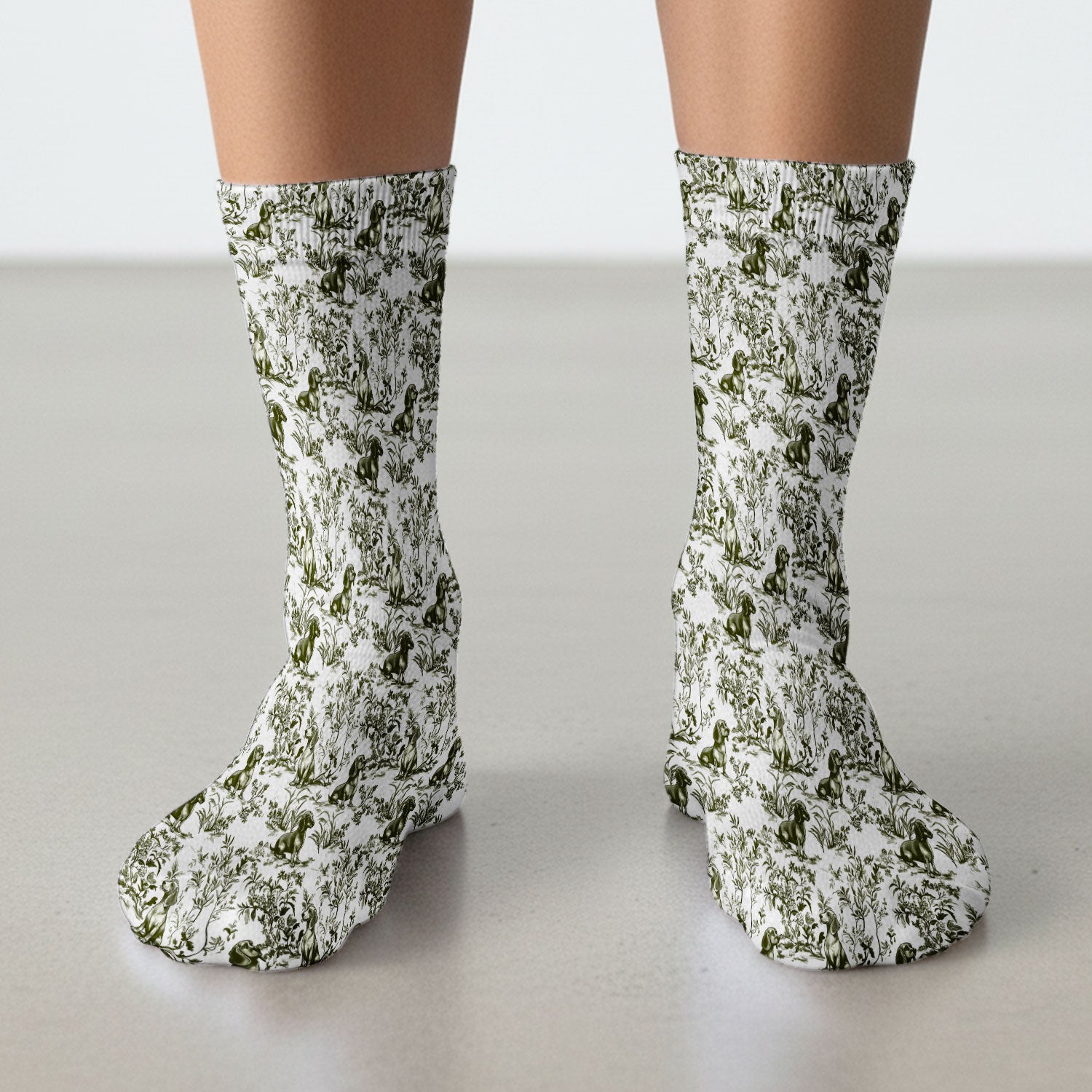 Toile de Jouy Dog Scrub Socks – Elegant Blue Dachshund Pattern – Cute Medical Uniform for Nurses, Vets, and Animal Care Workers