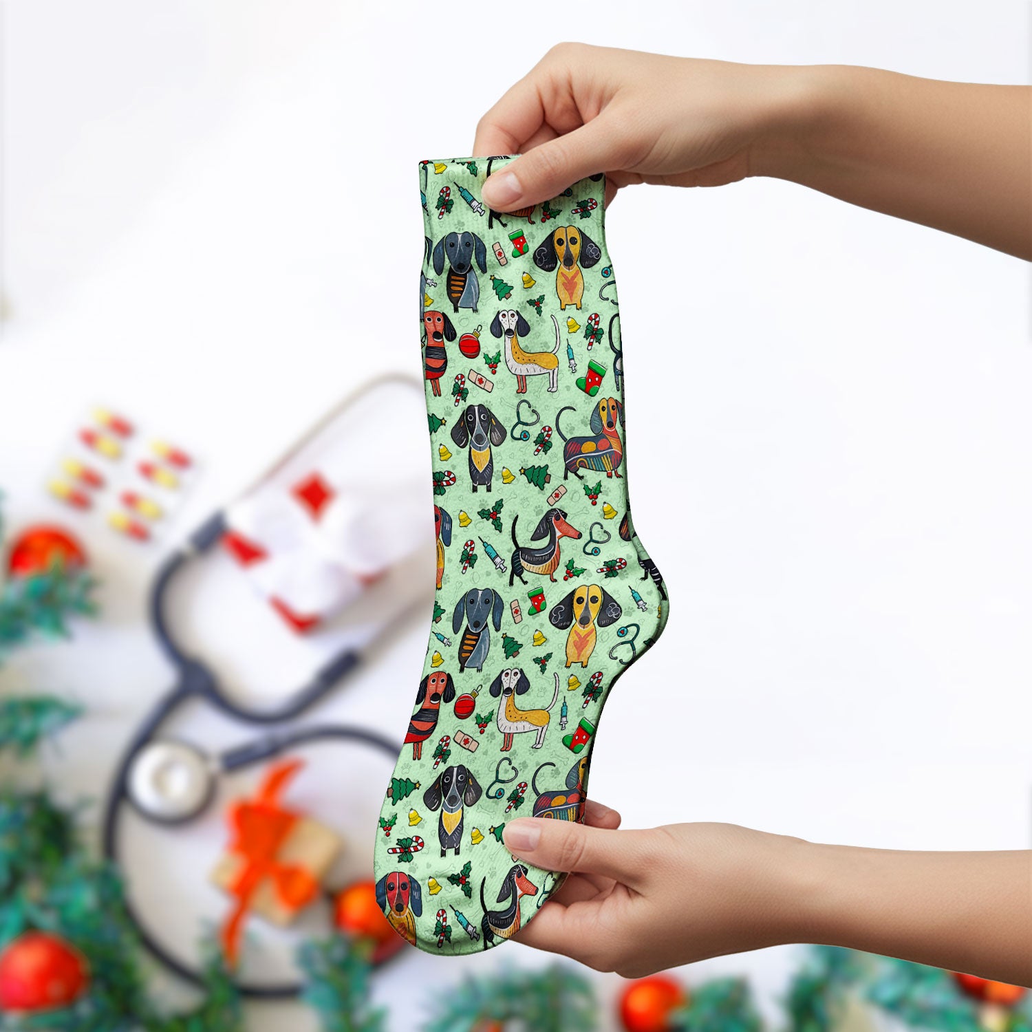 Christmas Wiener Dog Socks for Nurse Doctor - Dachshund Adult Socks for Men and Women - Breathable Fabrics Medical Uniform