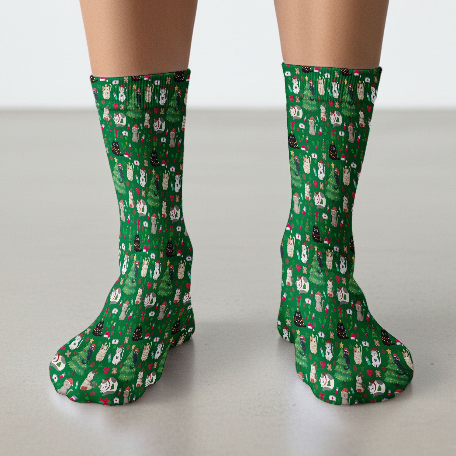 Christmas Cat Scrub Socks, Xmas Pet Pattern Scrub Sock, Breathable Fabrics Nursing Uniform