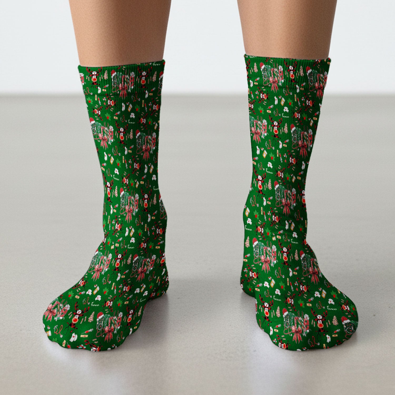 Whimsical Reindeer Christmas Scrub Socks – Festive Holiday Reindeer Pattern – Cute Medical Uniform for Nurses, Vets and Healthcare Workers