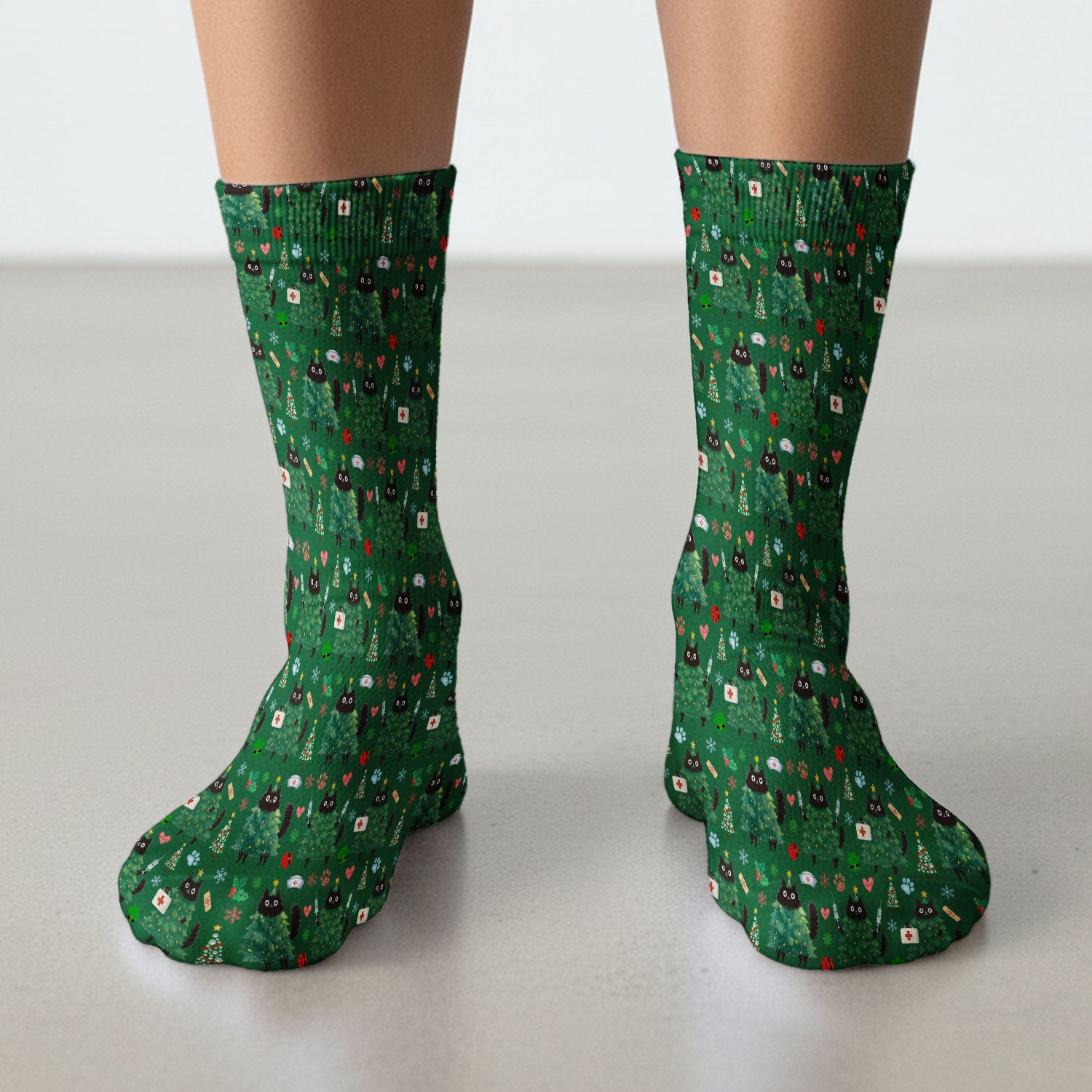 Christmas Nurse Scrub Socks, Xmas Black Cat Pattern Nurse Sock,  Breathable Fabrics Nursing Uniform