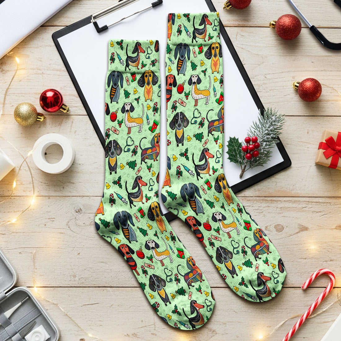 Christmas Wiener Dog Socks for Nurse Doctor - Dachshund Adult Socks for Men and Women - Breathable Fabrics Medical Uniform