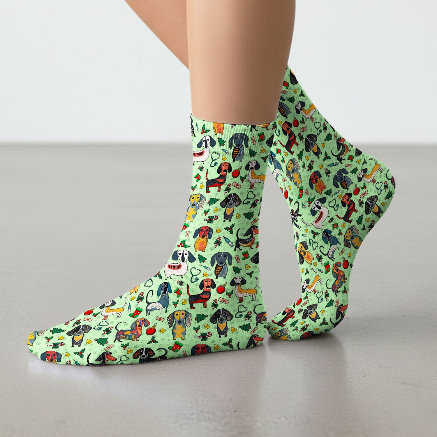 Christmas Wiener Dog Socks for Nurse Doctor - Dachshund Adult Socks for Men and Women - Breathable Fabrics Medical Uniform