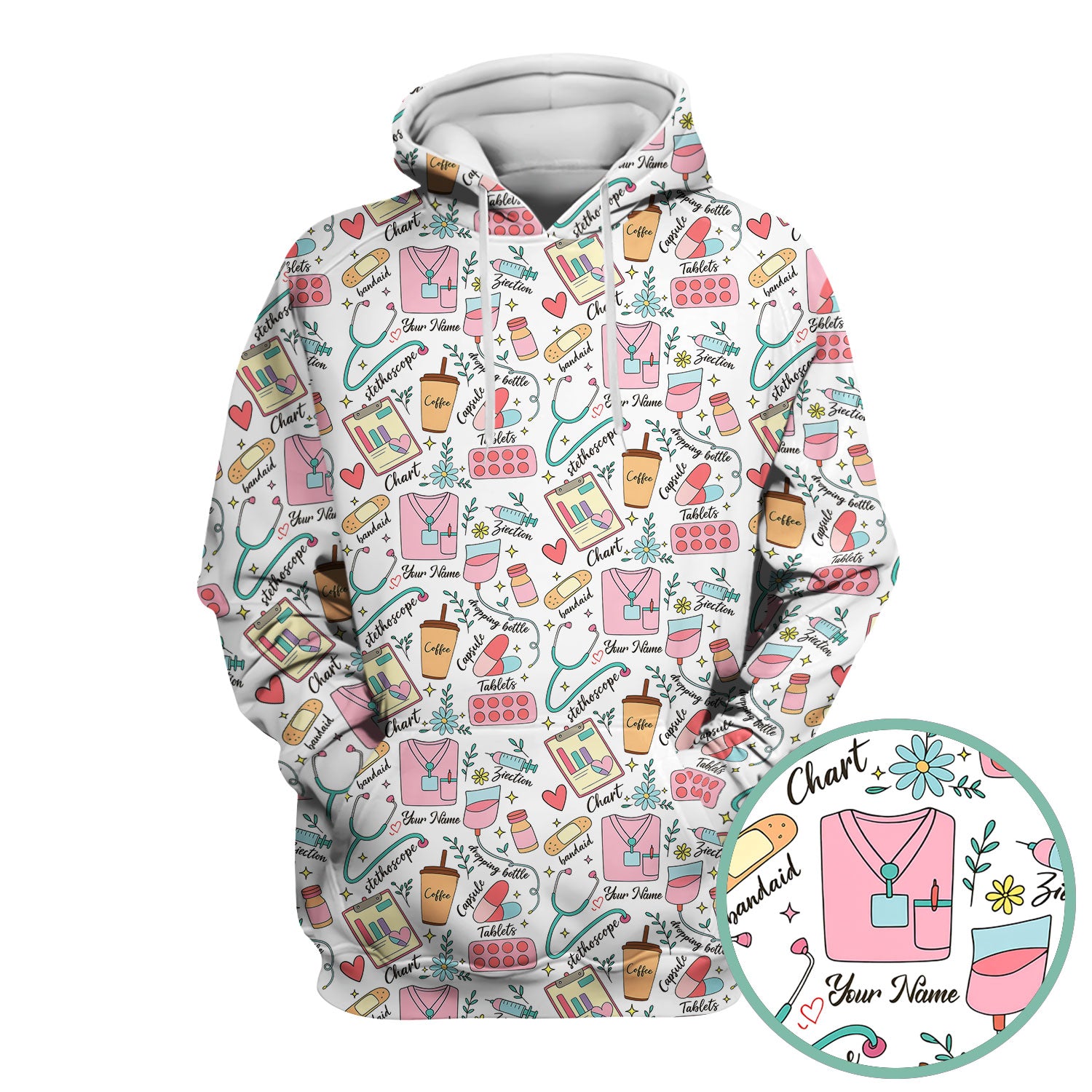 Cute Nurse Scrub - Colorful Medical Uniform Shirt with Coffee, Stethoscope & Pills - Fun RN LPN CNA Nursing Gift for Women