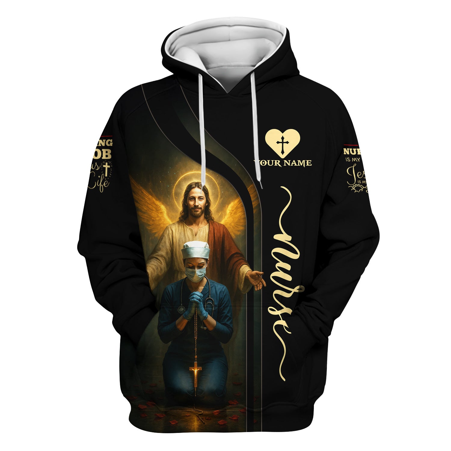 Custom Faith Nurse Scrub - Jesus Watching Over Praying Nurse Graphic Design - RN LPN CNA Healthcare Workers Gift
