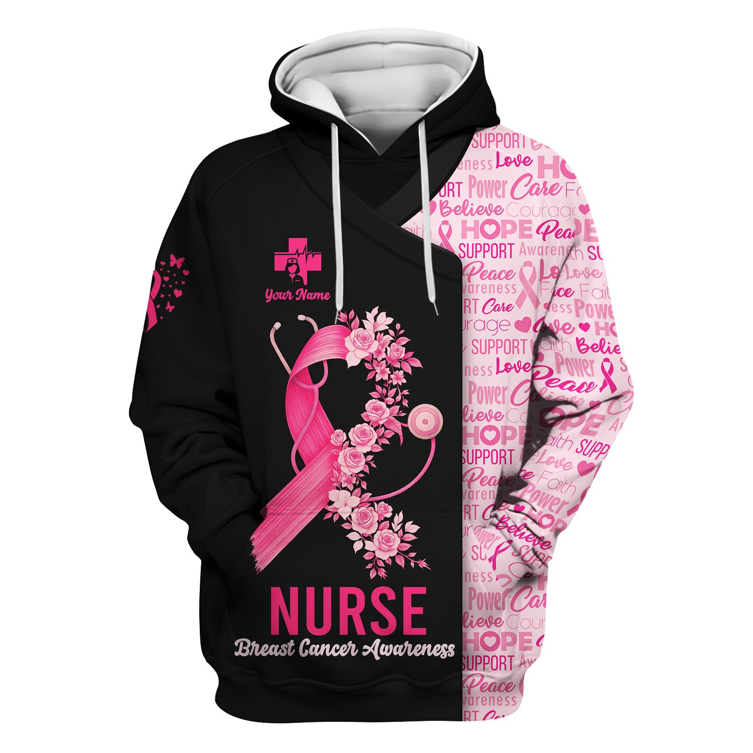 Personalized Breast Cancer Awareness Nurse Scrub Top - Pink Ribbon Medical Uniform Shirt For Women - Gift for CNA RN LPN