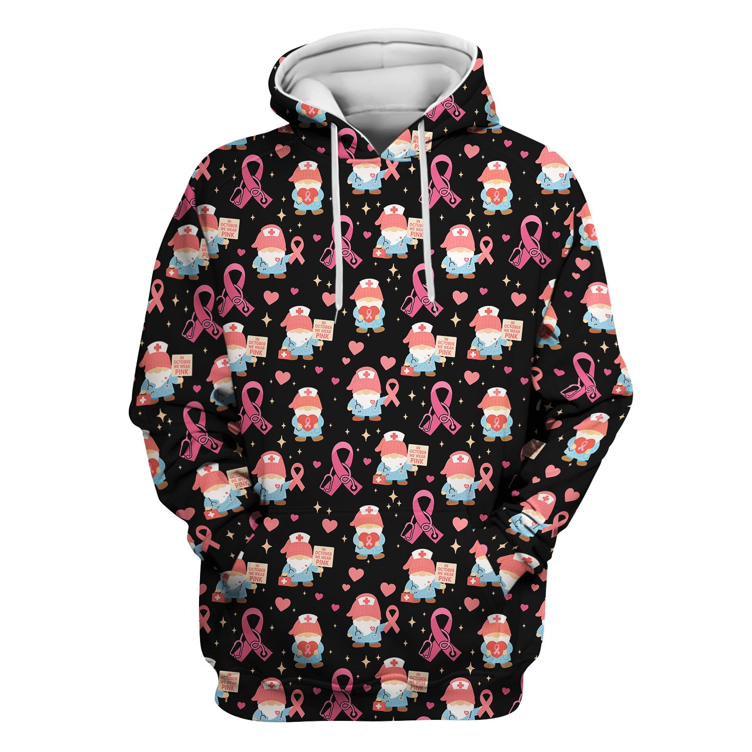Breast Cancer Awareness Nurse Scrub - Pink Ribbon Nursing Top with Gnome - Gift for Healthcare Workers RN LPN
