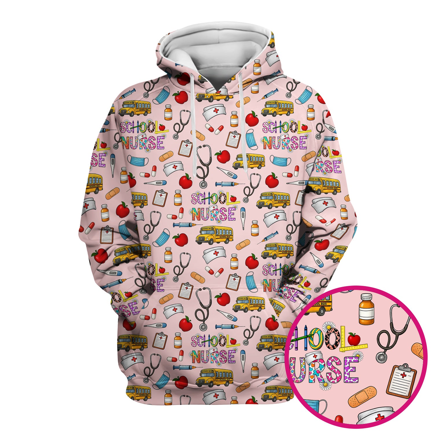 Cute School Nurse Scrub Top - Funny School Bus & Stethoscope Pattern Design - Gift for Women RN LPN
