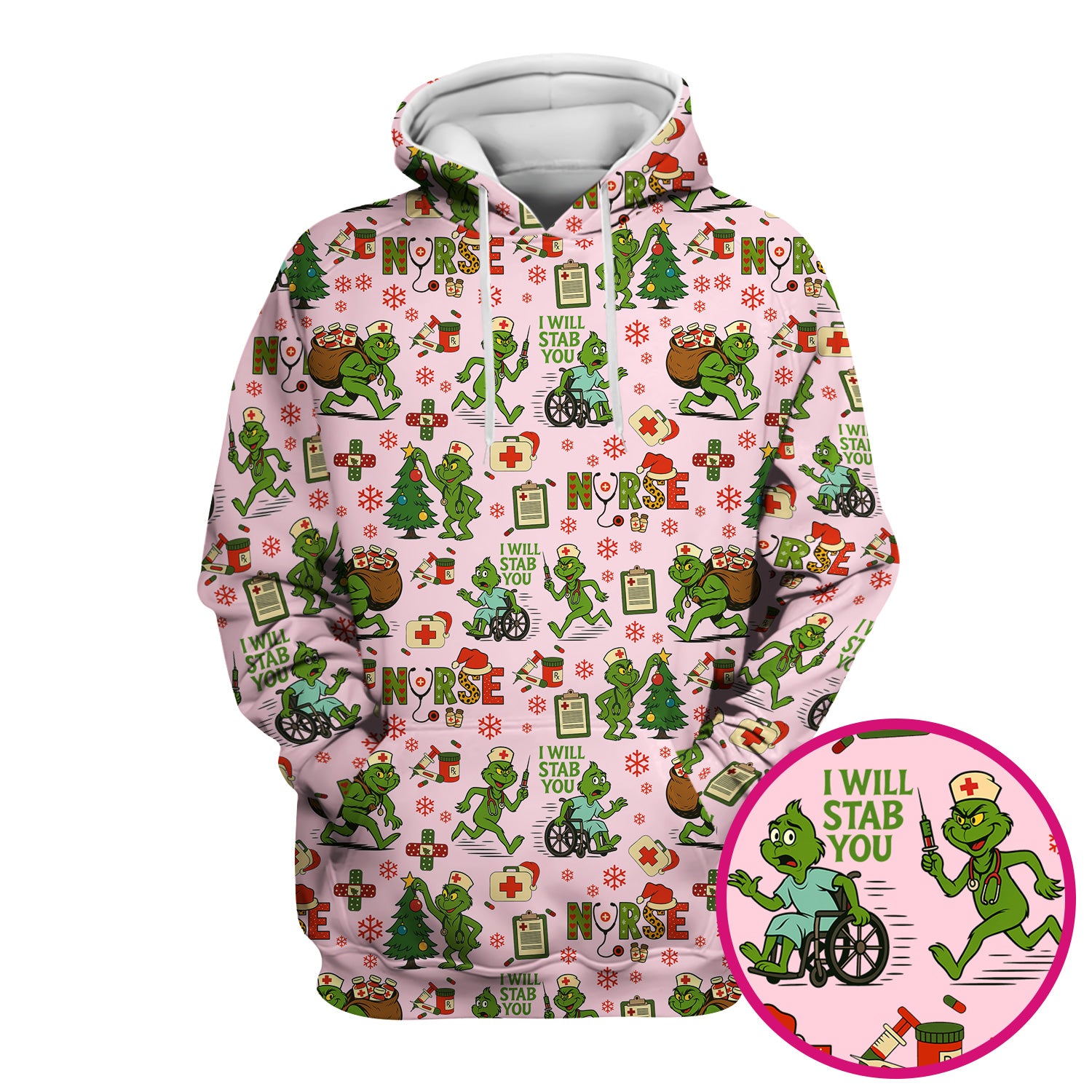 Funny Grinch Nurse Scrub Top for Women - Christmas Scrub Shirt with I Will Stab You Quote - Cute Holiday Nursing Work Shirt with Pockets