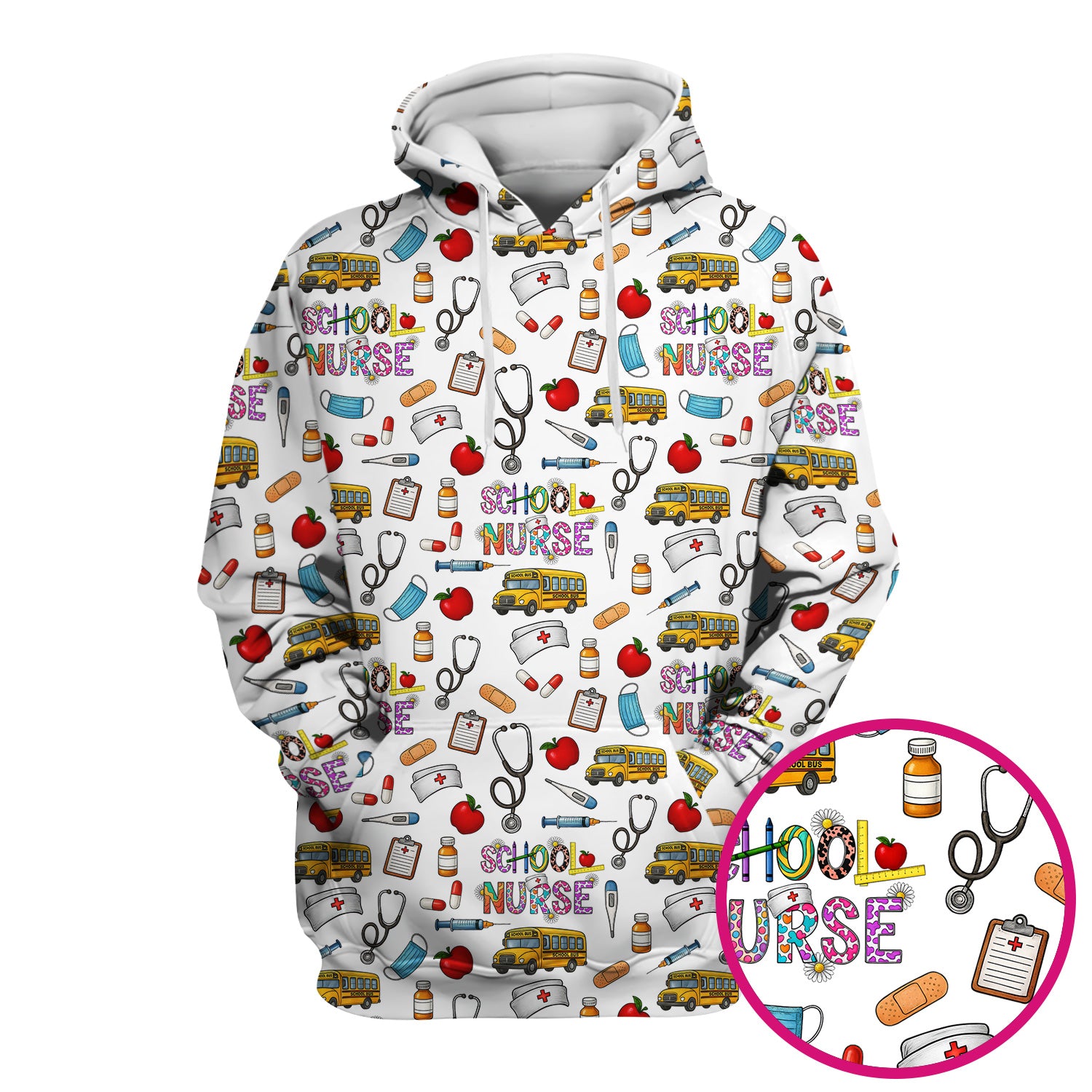 Cute School Nurse Scrub Top - Funny School Bus & Stethoscope Pattern Design - Gift for Women RN LPN